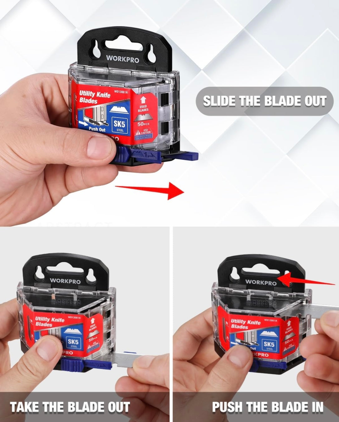 WORKPRO 50-Pack Utility Knife Blades w/ Dispenser - SK5 Steel