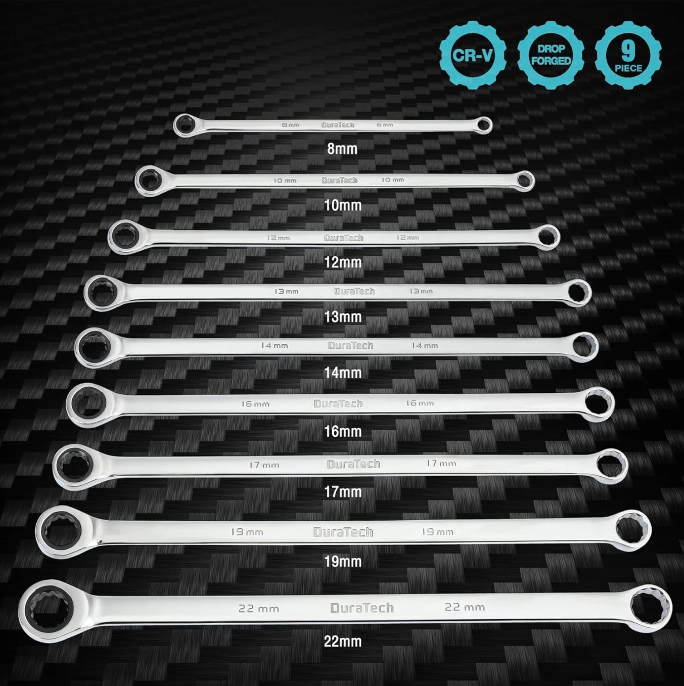DURATECH 9PC Extra Long Double Box End Ratcheting Wrench Set, Metric, 8,10,12,13,14,16,17,19,22 mm, w/ EVA Foam Tool Organizer