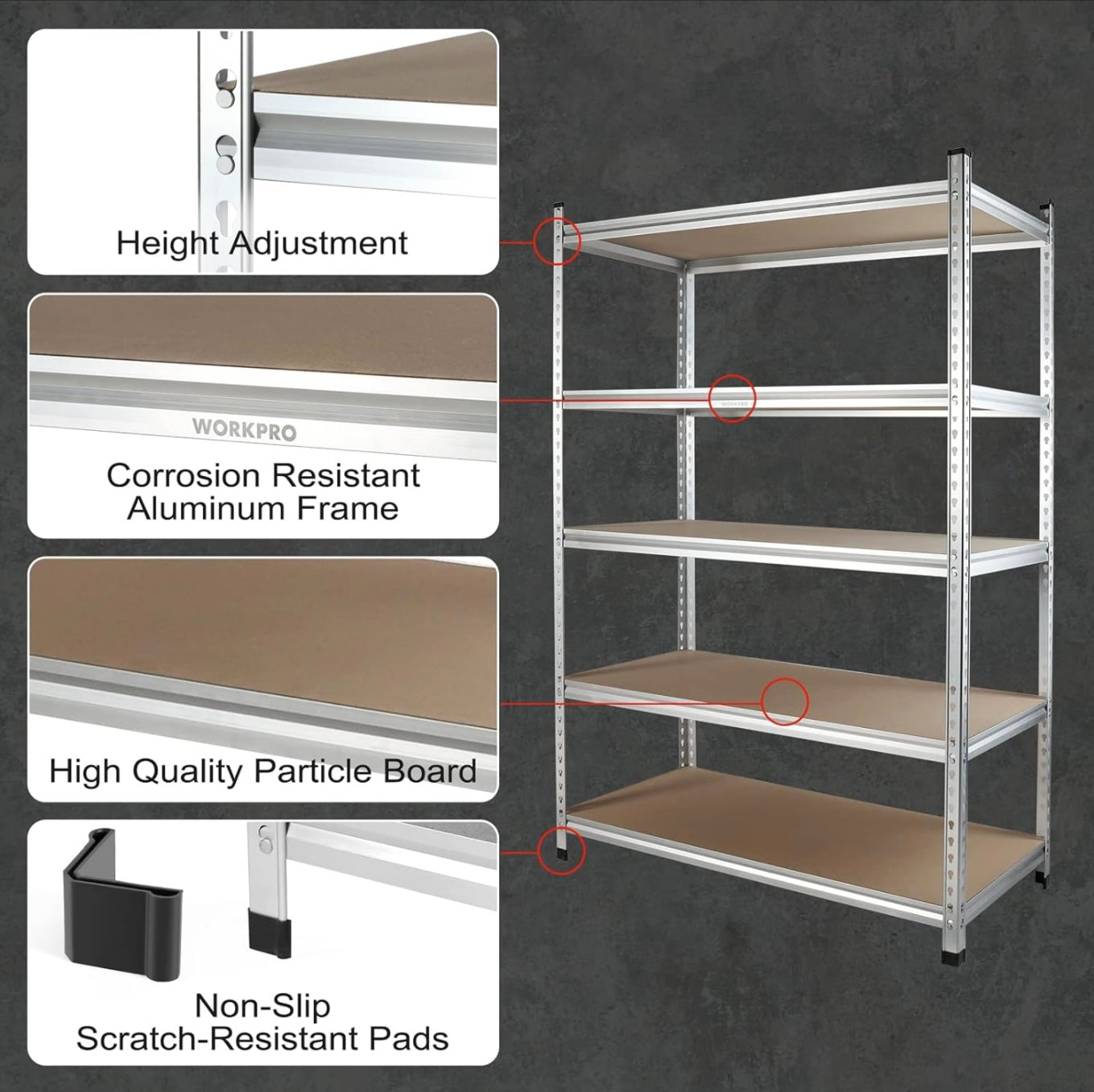 WORKPRO 5-Tier Adjustable Storage Shelving Unit, Heavy Duty Aluminum Alloy Shelves, 2750 lbs Load Capacity (Total)