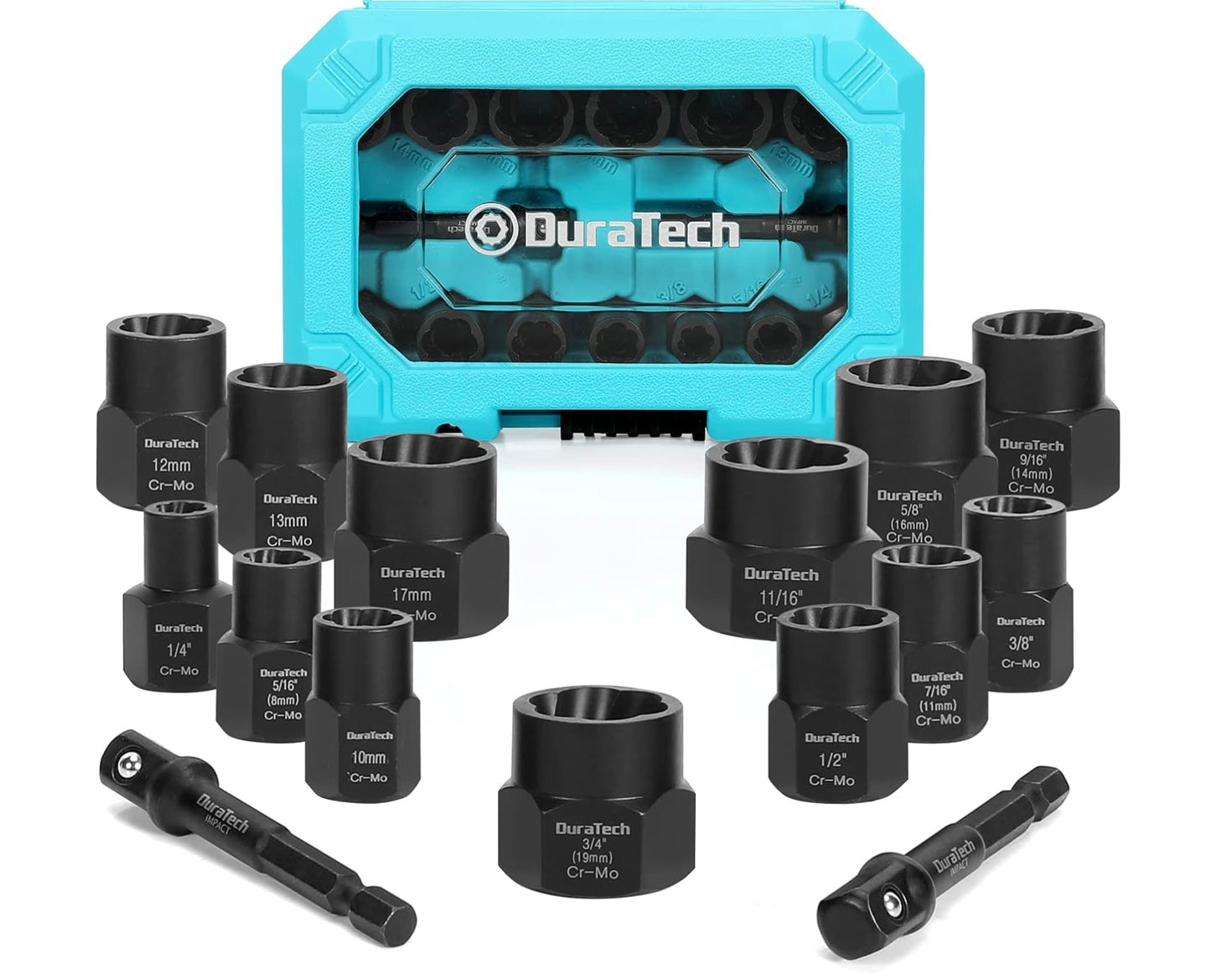 DURATECH 15PC 3/8” Drive Impact Bolt & Nut Remover Set w/ 2 Hex Adapters, Storage Box, SAE & Metric