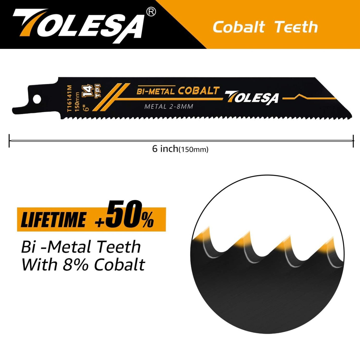 TOLESA 5PC 6”/9” Metal 2-8mm 14TPI Bi-Metal Cobalt Reciprocating Saw Blades