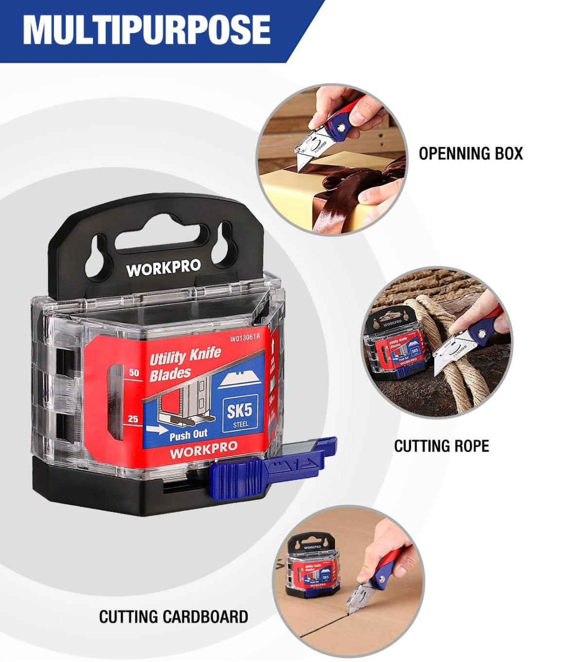 WORKPRO 50-Pack Utility Knife Blades w/ Dispenser - SK5 Steel