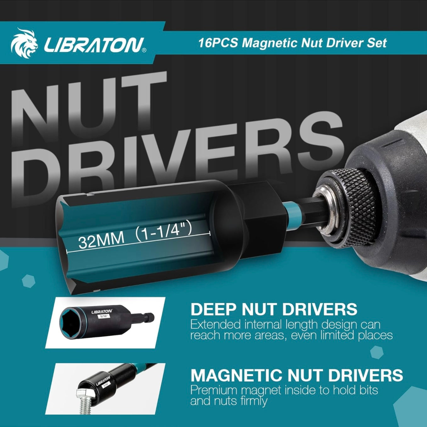 LIBRATON 16PC Magnetic Nut Driver Set - SAE
