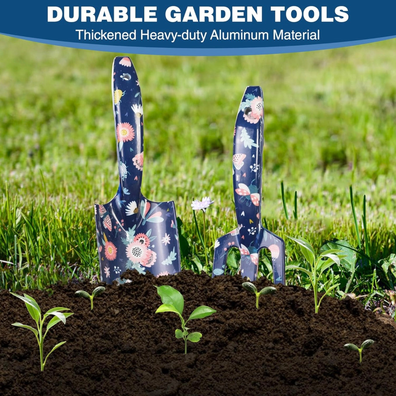 WORKPRO 4PC Aluminum Floral Print Garden Tool Set - Trowel, Rake, Pruner, Garden Gloves
