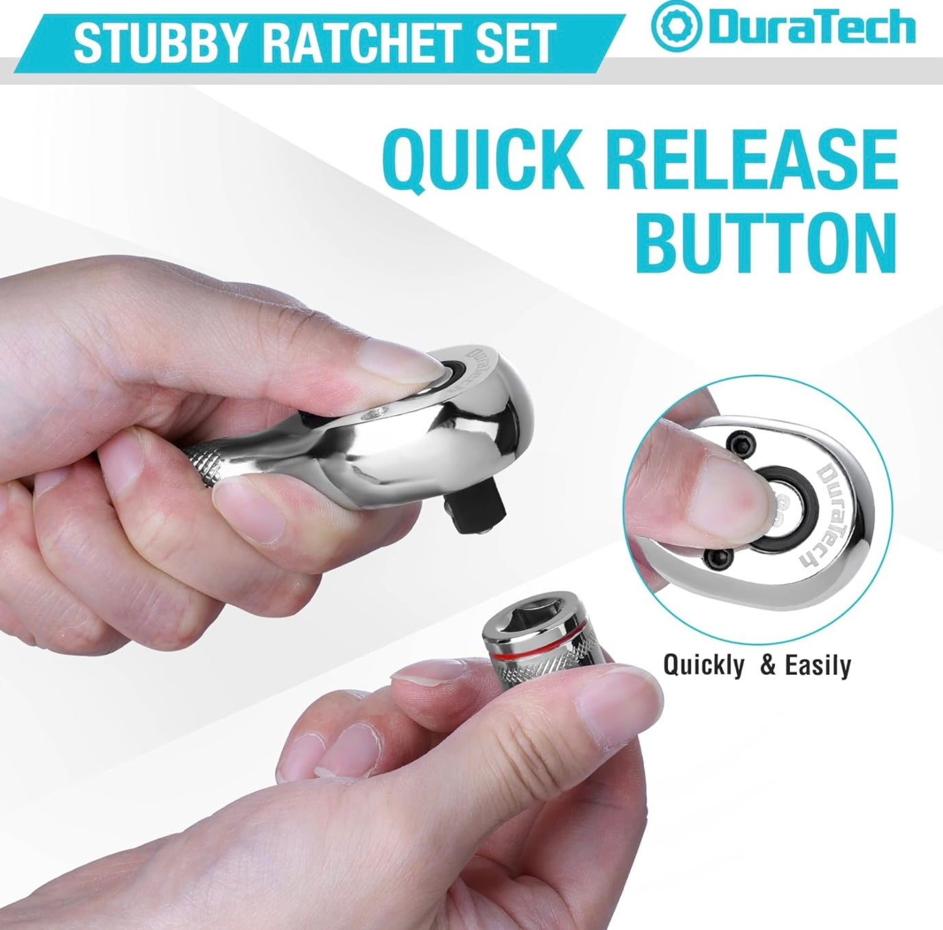 DURATECH 3PCS Stubby Ratchet Wrench Set, 1/4", 3/8", 1/2" Drive w/ EVA Organizer
