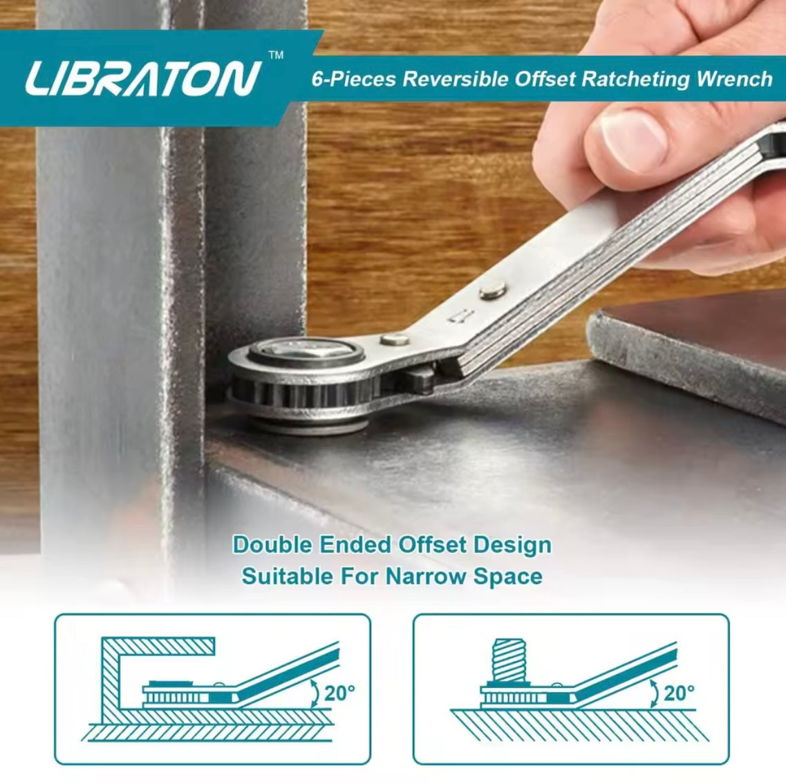 LIBRATON 6PC Reversible Offset Wrench Set - Metric w/ Storage Organizer Box
