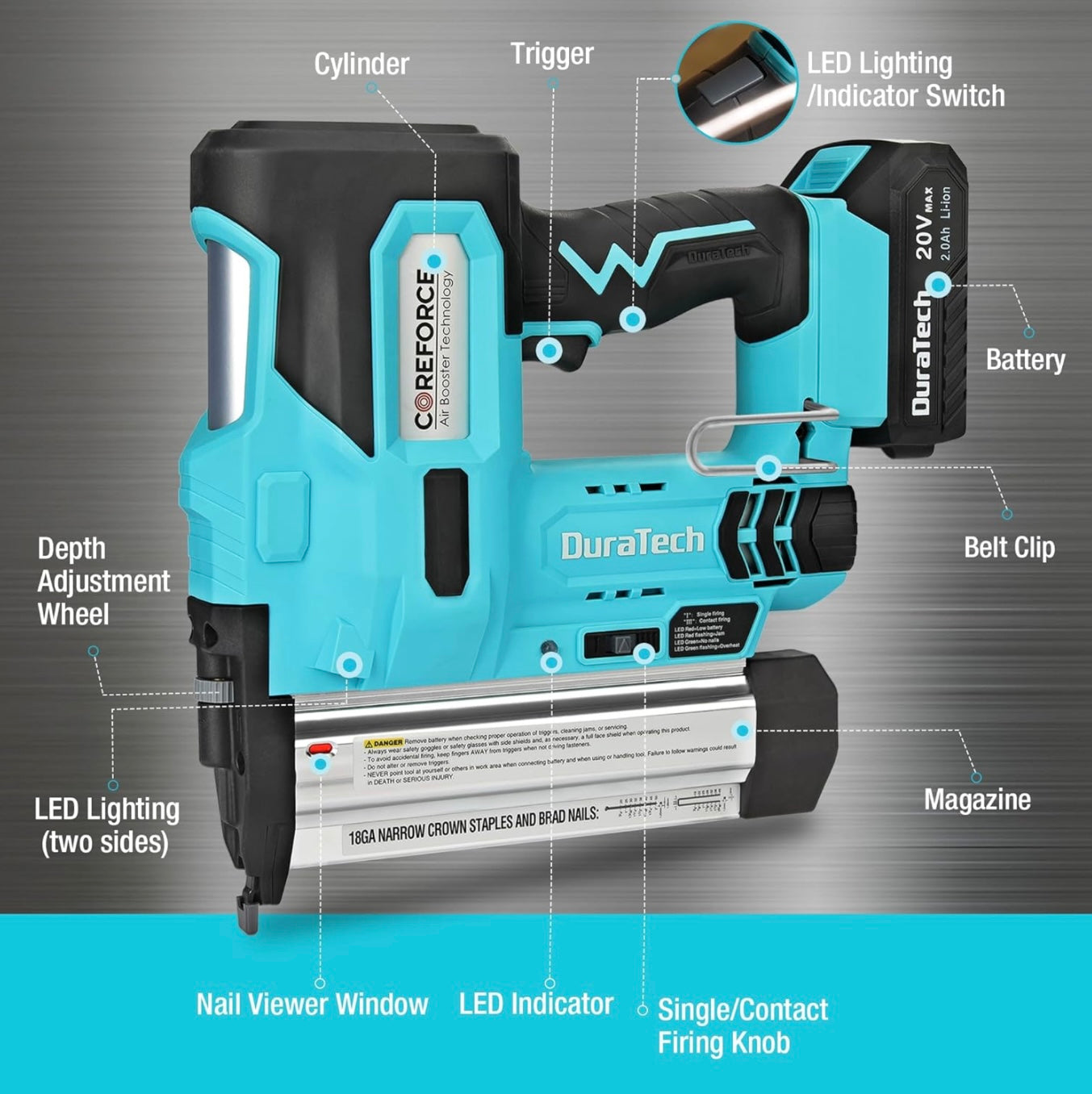 DURATECH 20V 2-in-1 Cordless Brad Nailer w/ 2.0Ah Rechargeable Battery, 1H Quick Charger, 1000 Staples, 1000 Nails, Carrying Case