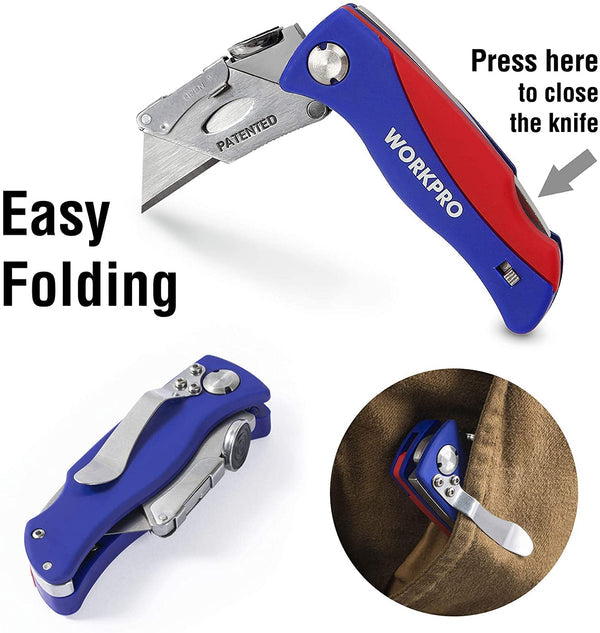 WORKPRO Quick-Change Folding Utility Knife w/ Thumb Rest & Blade Storage