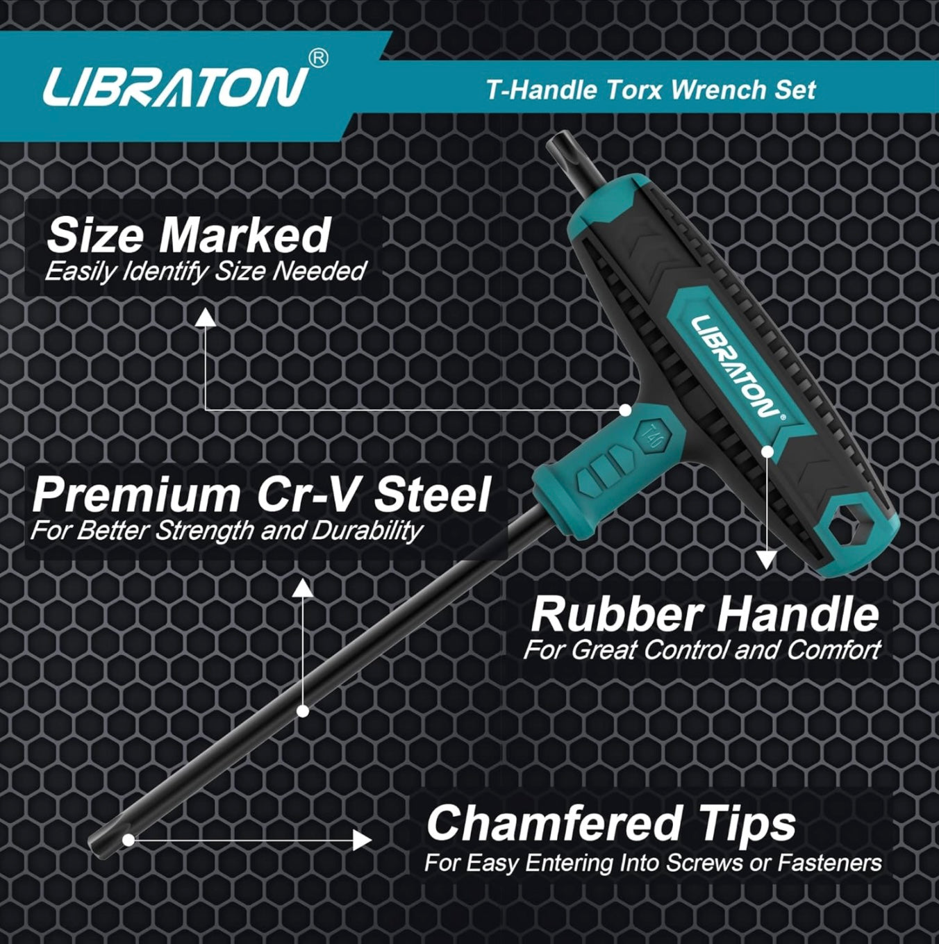 LIBRATON 7PC T Handle Wrench Set - Torx T10, T15, T20, T24, T27, T30, T40, Two-tip Design, w/ Storage Box