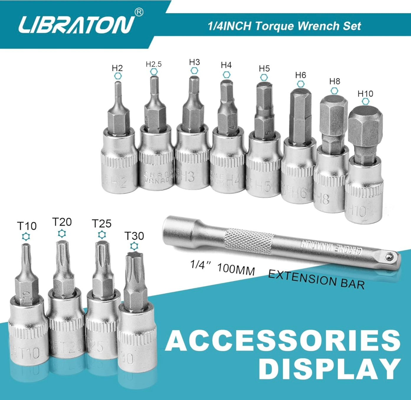 LIBRATON 14PC 1/4” Drive Click Torque Wrench Set, 5-25Nm w/ Hex, Torx, Star Bit Sockets, Extension Bar