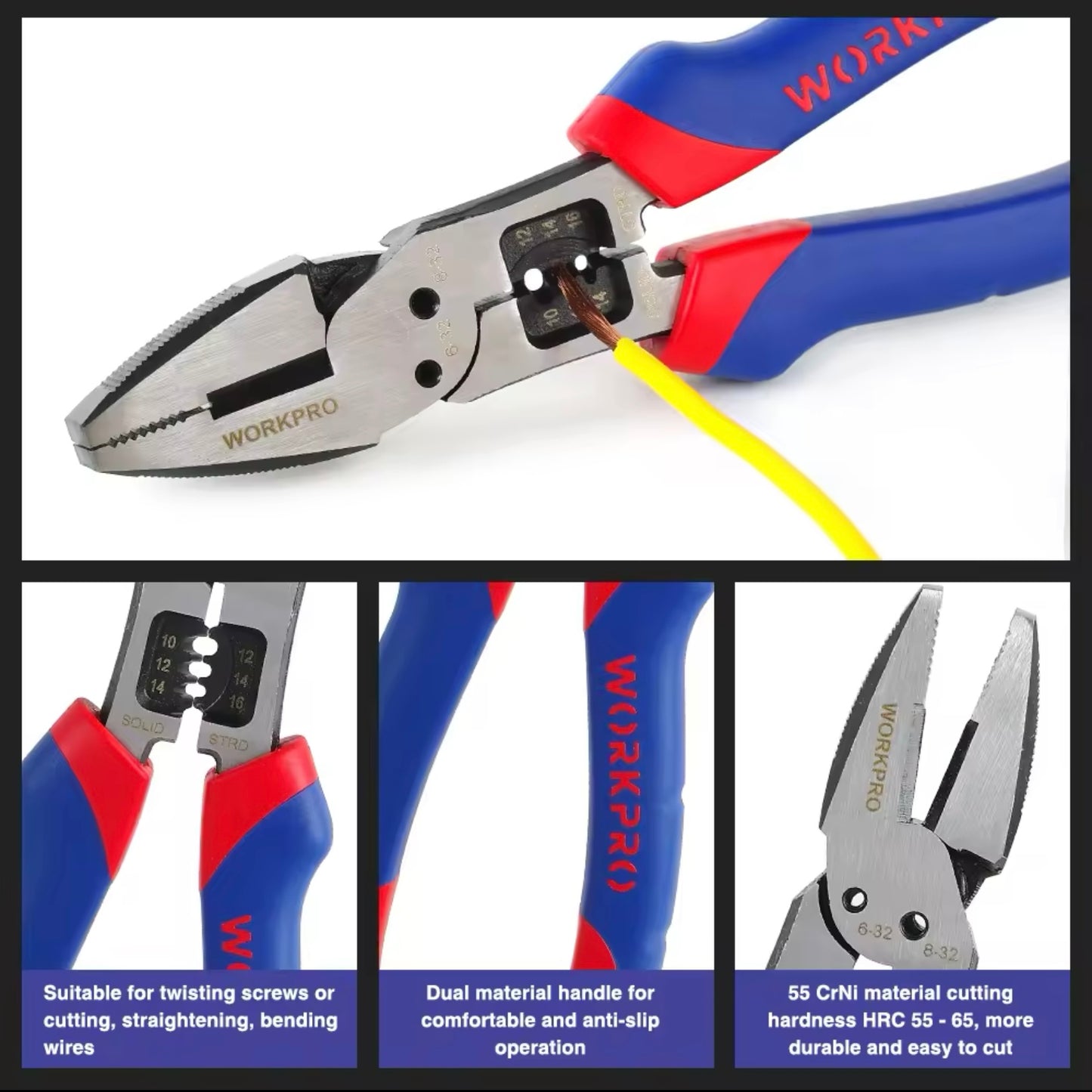WORKPRO 8” Multi-Combination Pliers w/ Wire Cutter, Stripper, Crimper