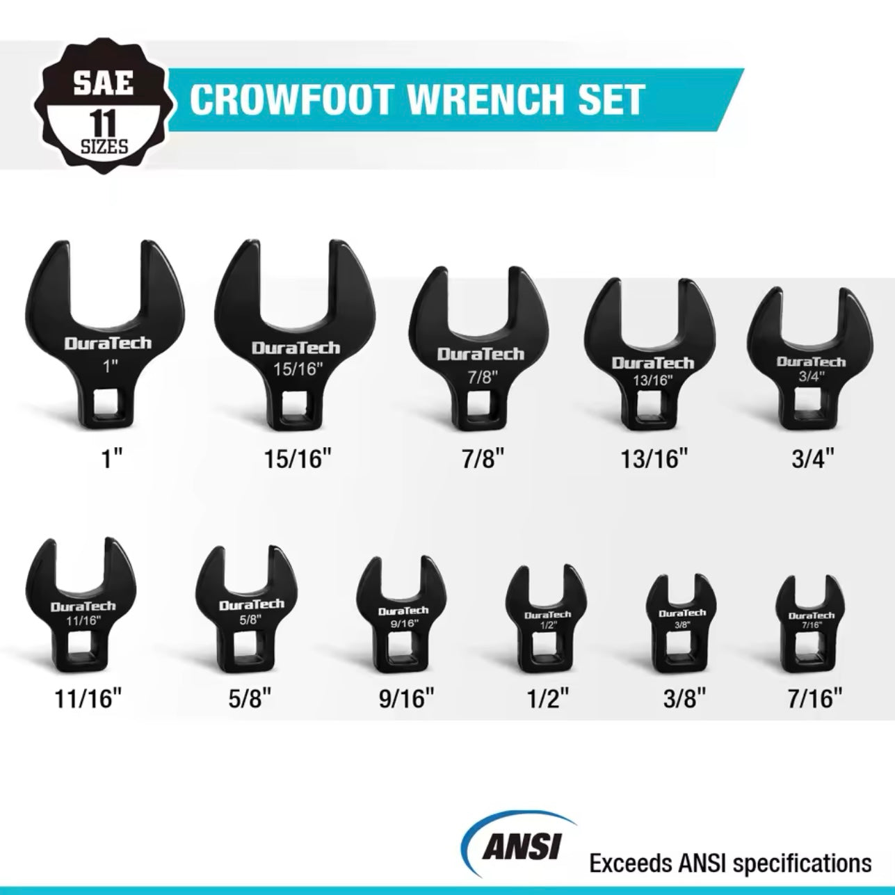 DURATECH 11PC Crows Foot Flare Nut Wrench Set, 3/8" Drive, SAE 7/16-1” w/ Storage Tray