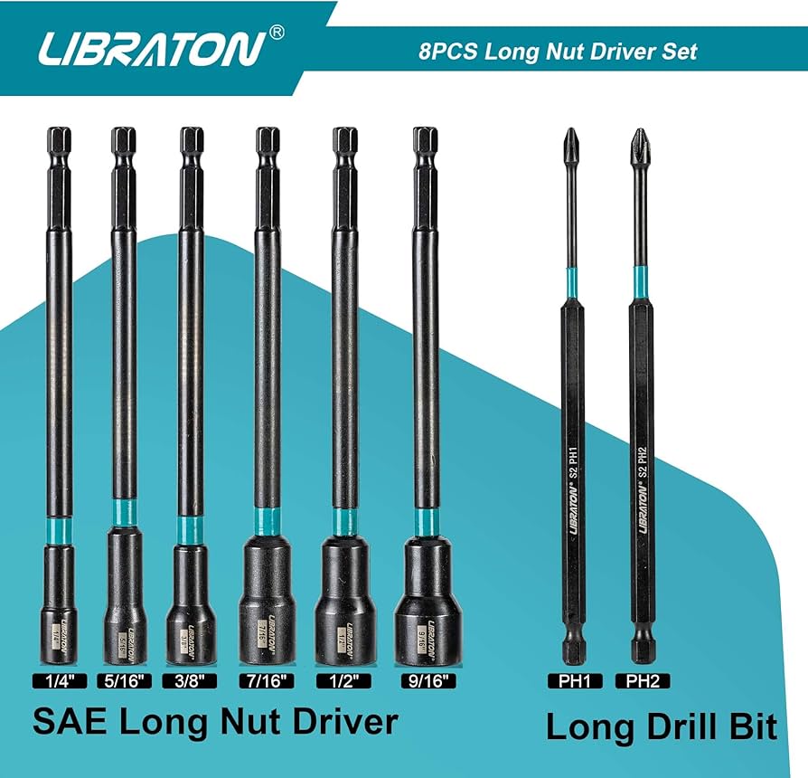 LIBRATON 8PC Long Magnetic Nut Driver Set - SAE