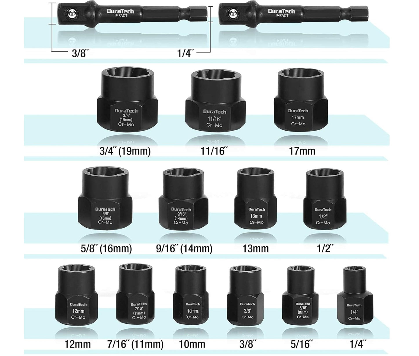DURATECH 15PC 3/8” Drive Impact Bolt & Nut Remover Set w/ 2 Hex Adapters, Storage Box, SAE & Metric