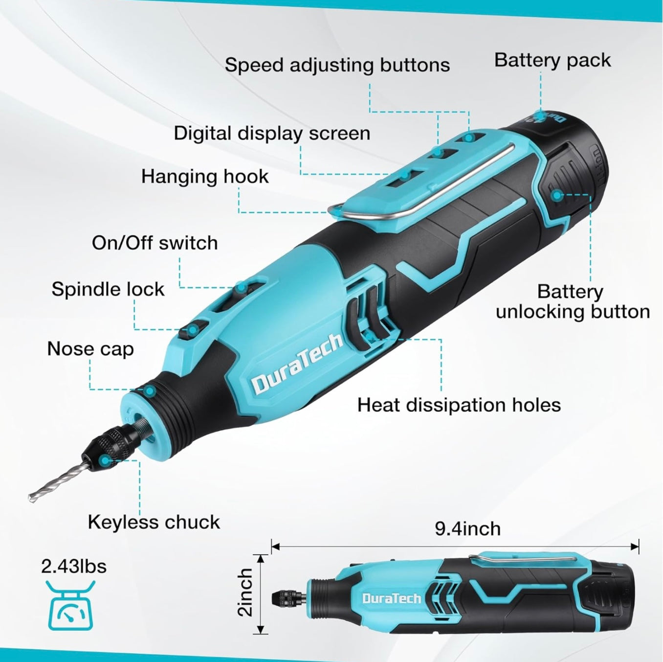 DURATECH 121PC 12V Cordless Rotary Tool Kit w/ 2.0Ah Rechargeable Battery, 118PC Accessories for Grinding, Carving, Polishing, Cutting, Drilling, Sanding, Milling