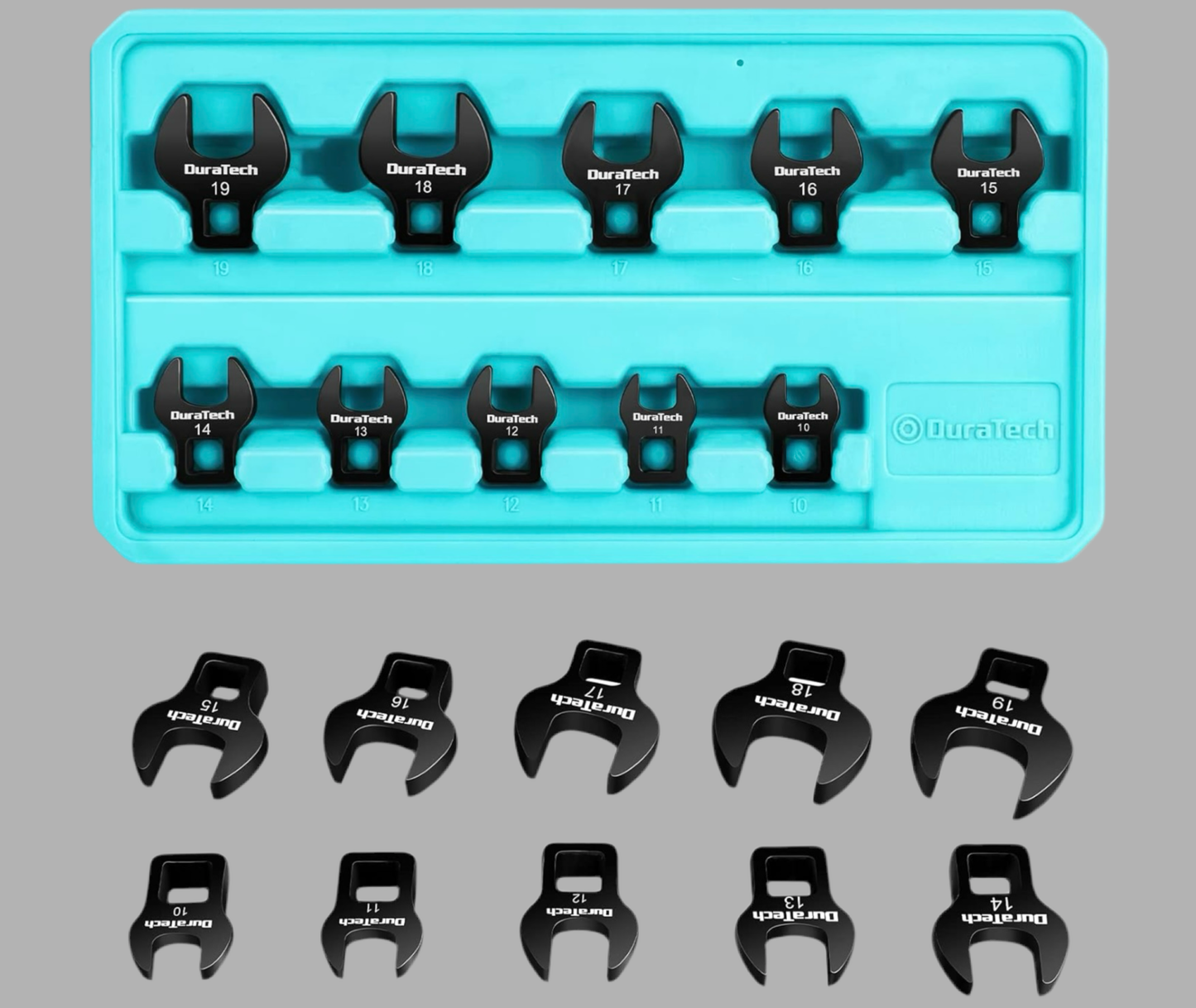 DURATECH 10PC Crows Foot Flare Nut Wrench Set 3/8" Drive, Metric 10-19mm w/ Storage Tray