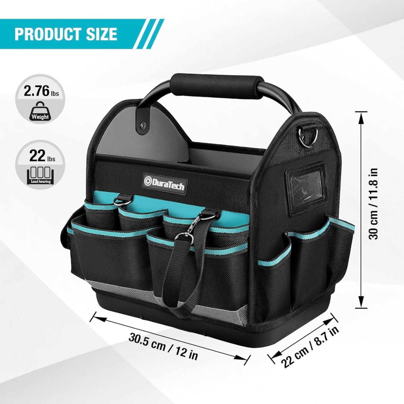 DURATECH 12” Multi-Pocket Open Top Tool Tote w/ Waterproof Hard Bottom, Rotating Handle