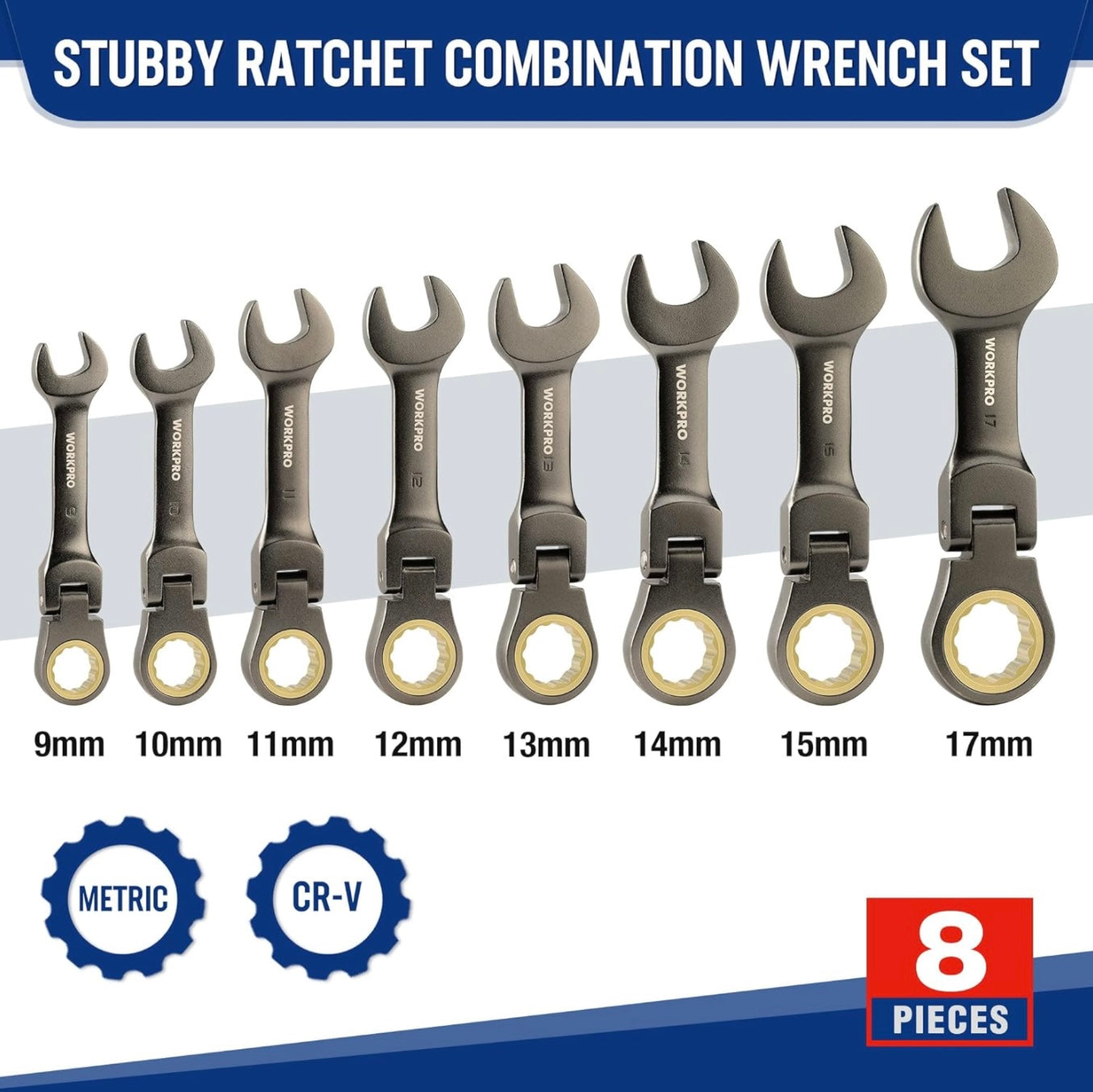 WORKPRO 8PC Flex Head Stubby Ratcheting Combination Wrench Set, Metric 9, 10, 11, 12, 13, 14, 15, 17 mm, w/ Rolling Pouch