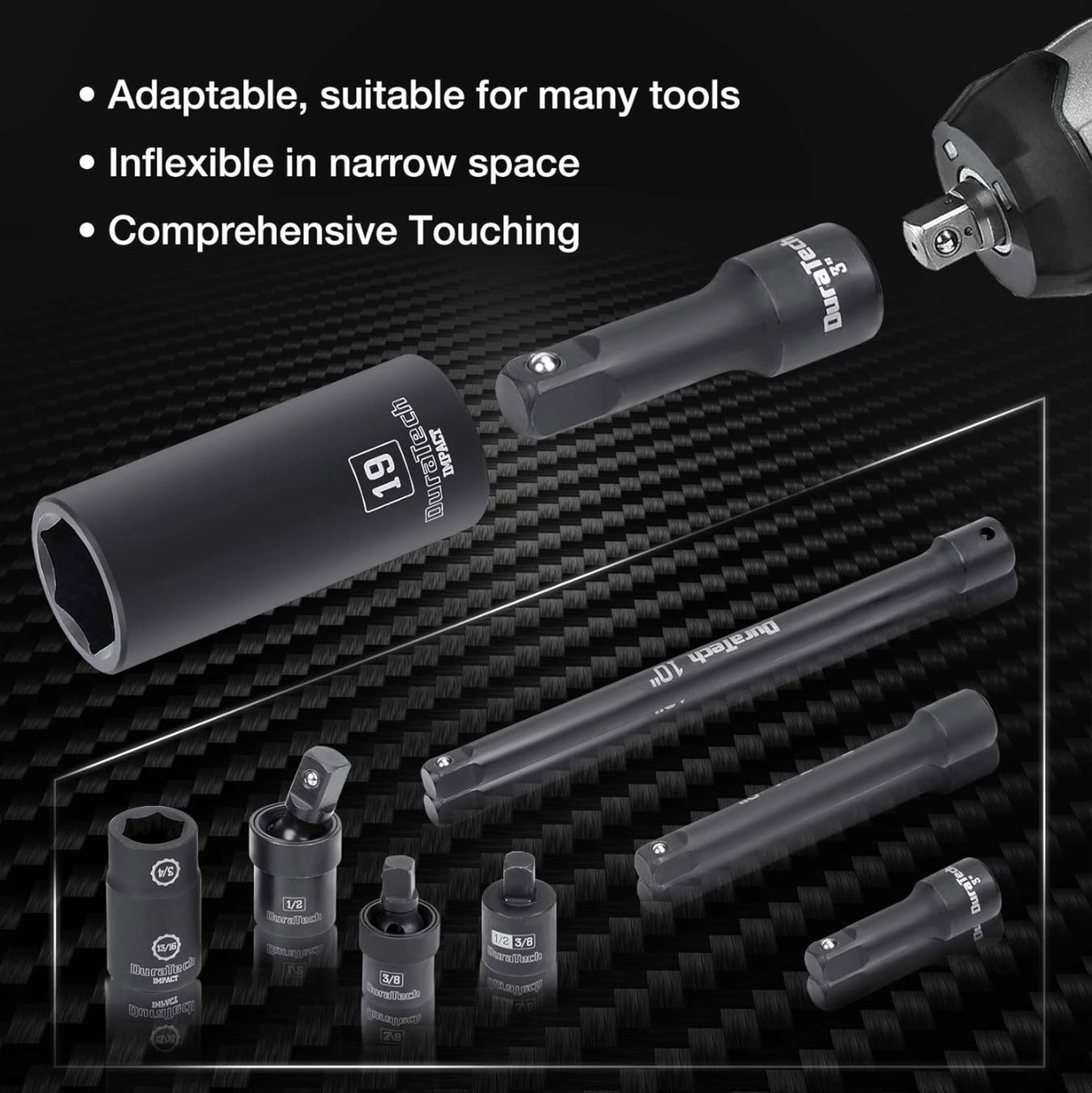 DURATECH 55PC 1/2” Drive SAE&Metric Socket Set w/ Extension Bars, Flip Socket, Adapters