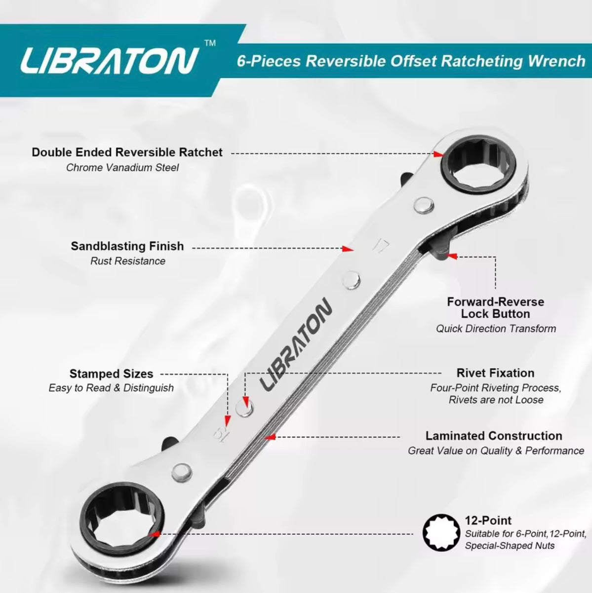 LIBRATON 6PC Reversible Offset Wrench Set - Metric w/ Storage Organizer Box