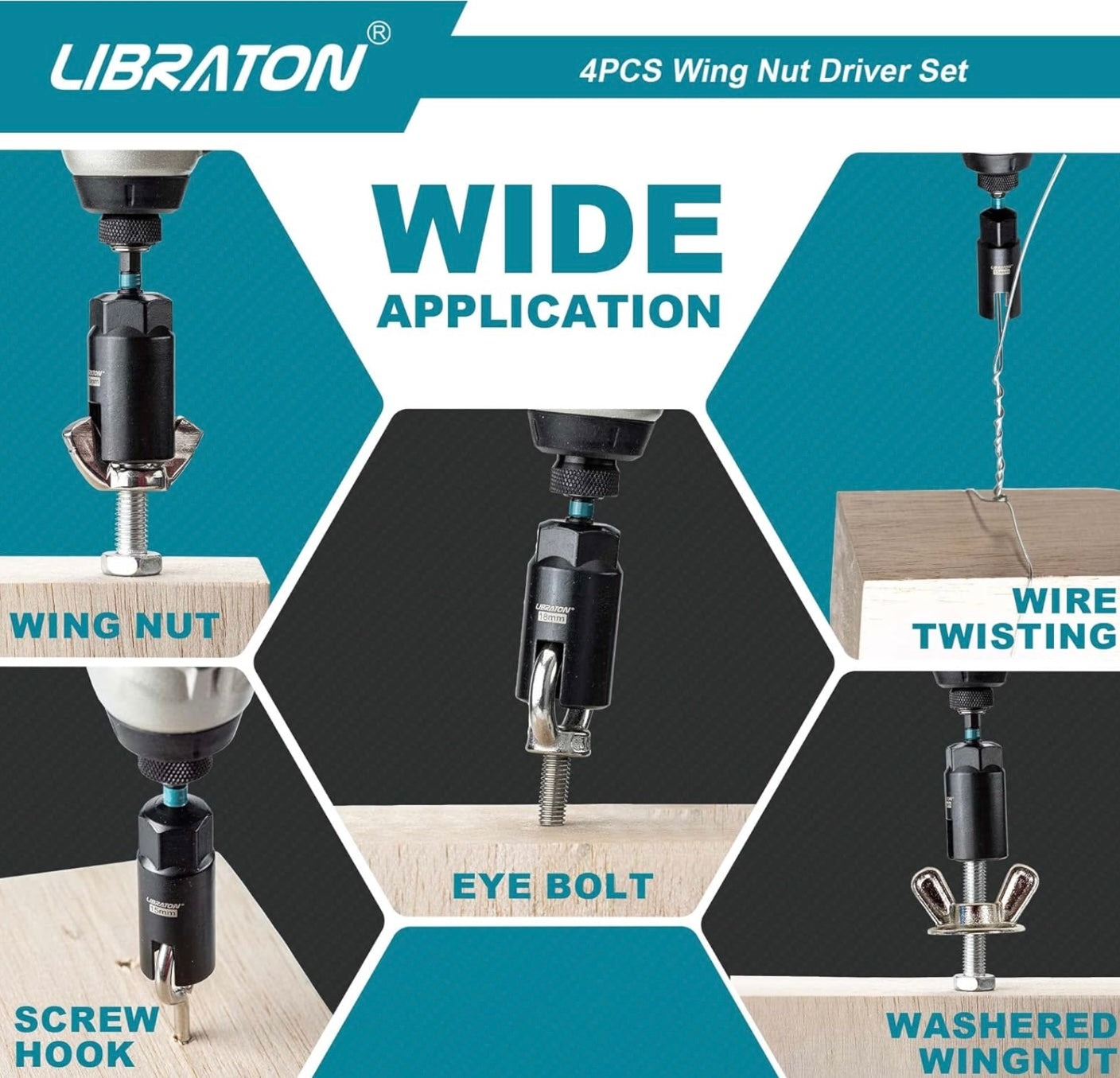 Libraton 4PC Wing Nut Drive Bit w/ EVA Storage (9, 12, 15, 18mm)