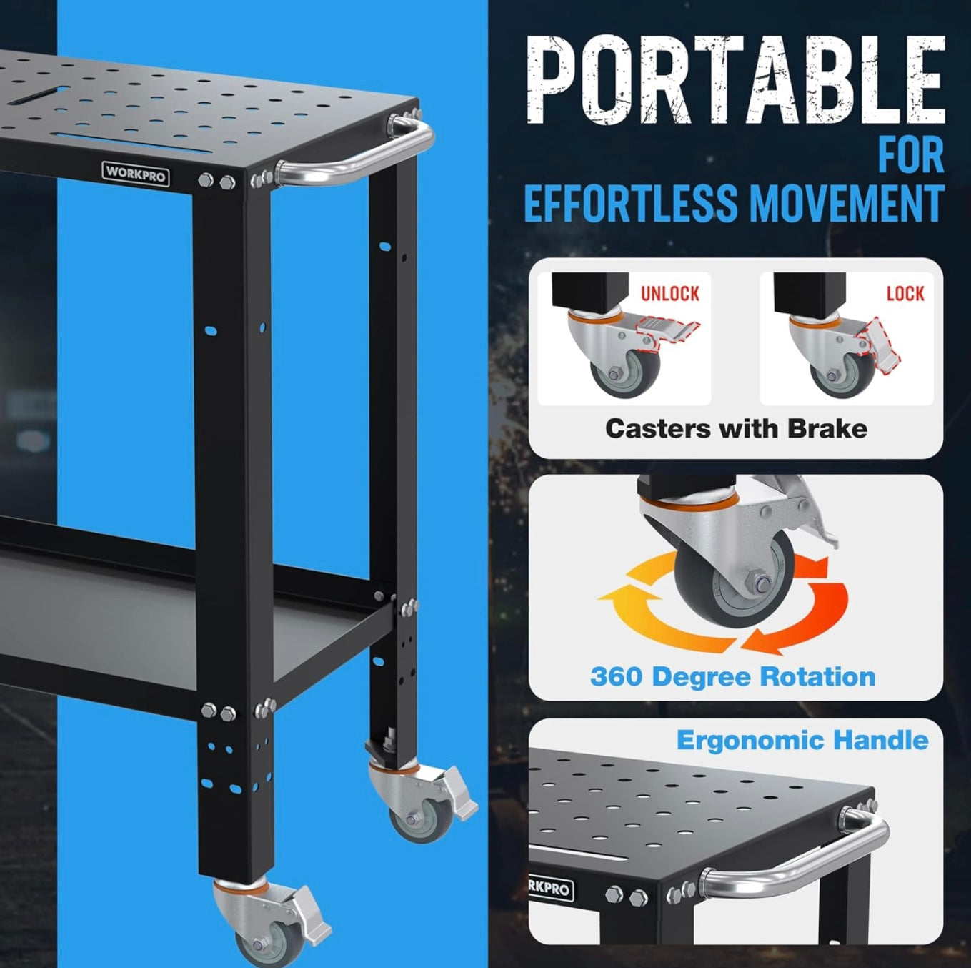 WORKPRO 36”×18” Welding Table w/ Nitriding Tabletop, 5/8" Holes on Top, Casters with Brakes, 1200lbs Load Capacity