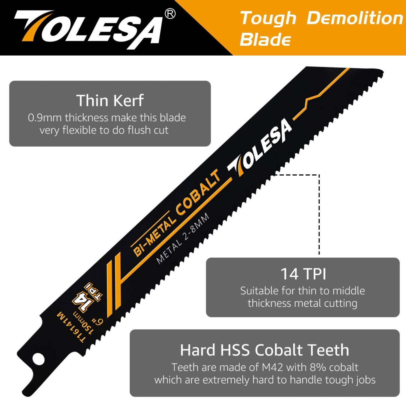 TOLESA 5PC 6”/9” Metal 2-8mm 14TPI Bi-Metal Cobalt Reciprocating Saw Blades