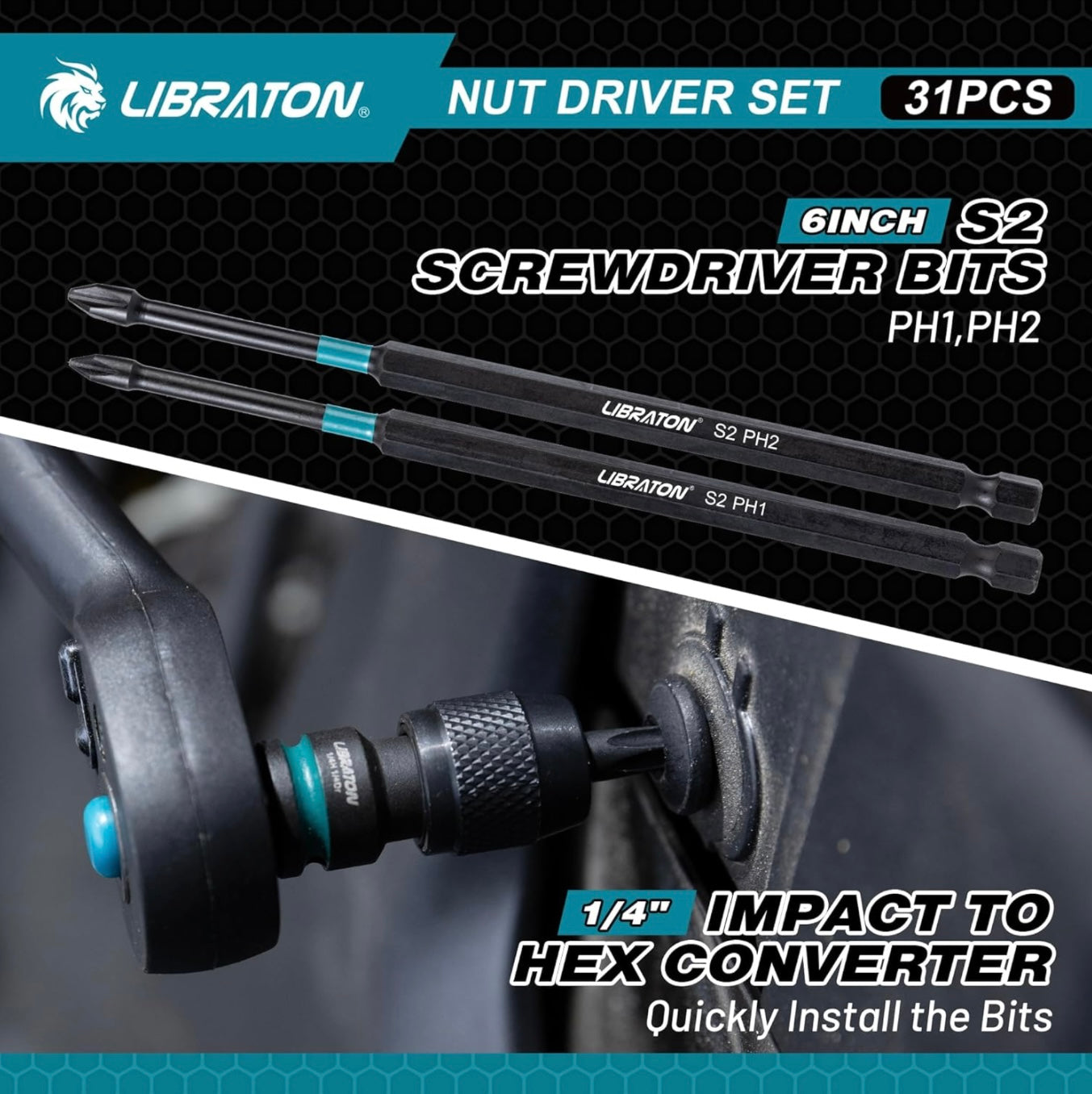 LIBRATON 31PCS 1/4” Magnetic Nut Driver Set - Metric & SAE w/ Impact to Hex Converter, PH1, PH2, Storage Box