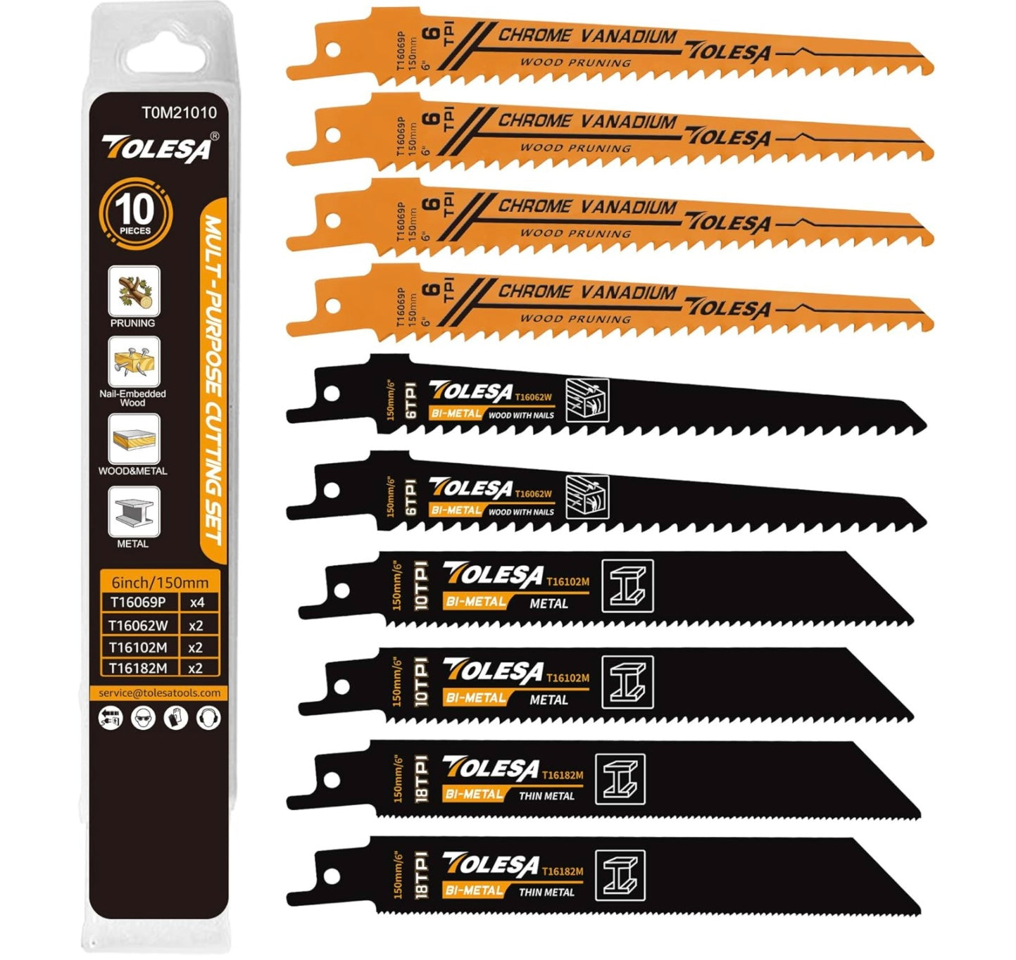 TOLESA 10PC 6” Metal/Woodcutting 6, 10, 18TPI Reciprocating Saw Blades