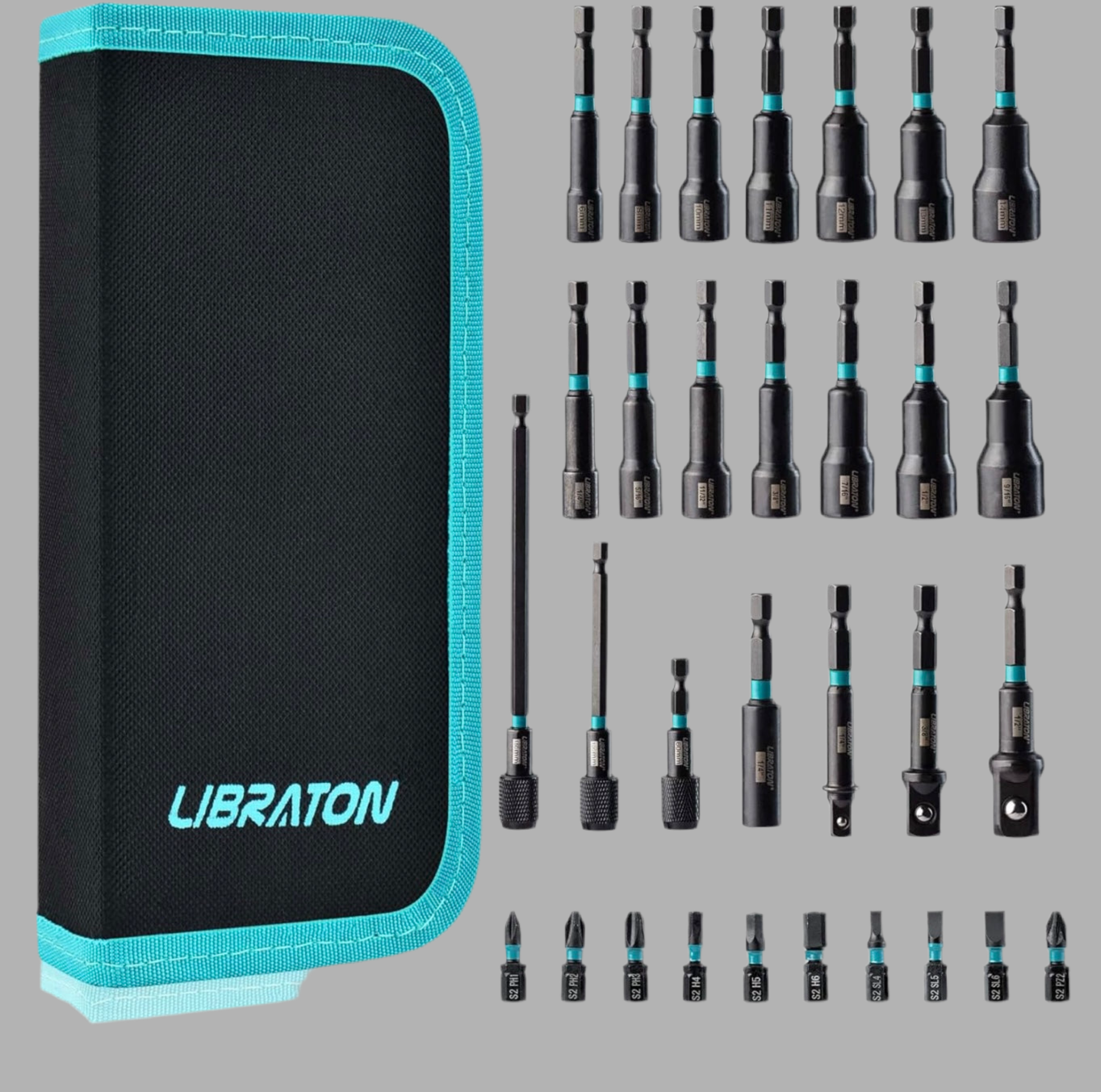 Libraton 31PCS Magnetic Nut Driver/ Impact Drill Driver Bit Set - Metric and SAE w/ Impact Socket Adapters, Bit Holder, Quick-release Extensions, Storage Bag