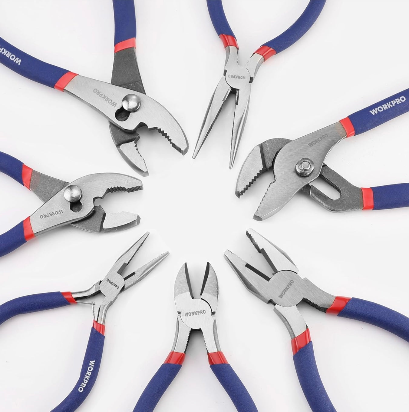 WORKPRO 7Pc Pliers Set w/ Groove Joint, Long Nose, Slip Joint, Linesman, and Diagonal Pliers