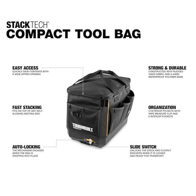 TOUGHBUILT STACKTECH Black Polyester 11-in Zippered Tool Bag