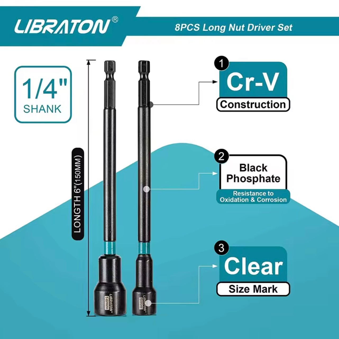 LIBRATON 8PC Long Magnetic Nut Driver Set - Metric