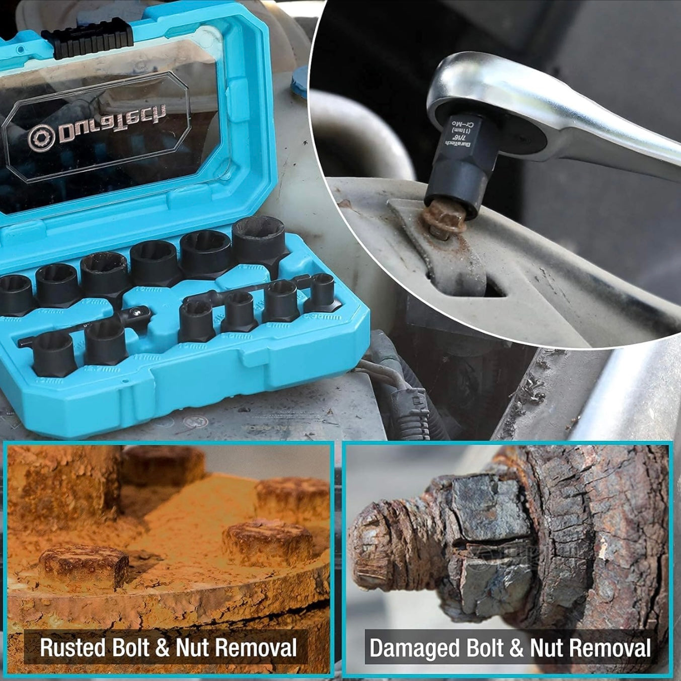 DURATECH 15PC 3/8” Drive Impact Bolt & Nut Remover Set w/ 2 Hex Adapters, Storage Box, SAE & Metric