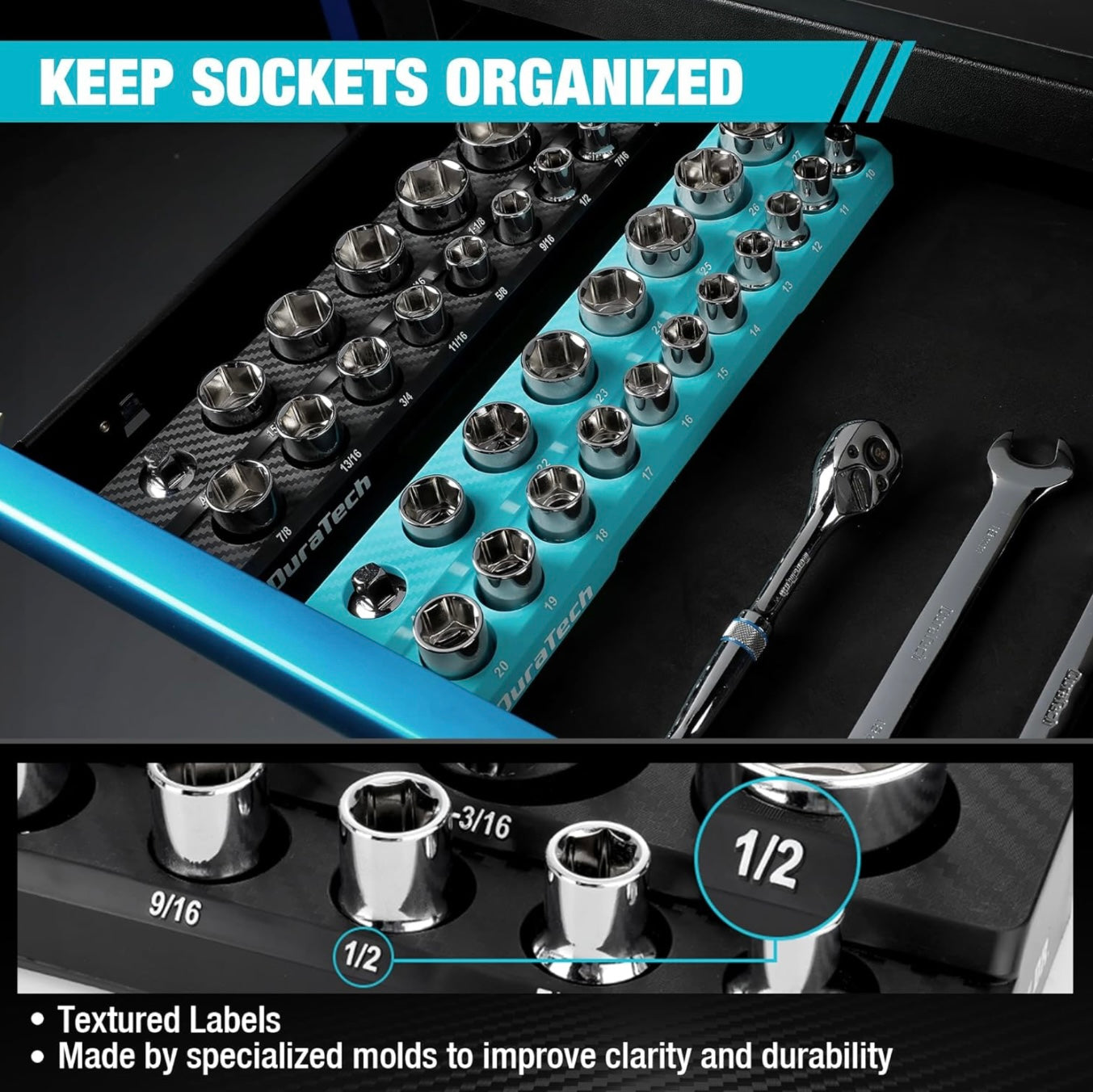 DURATECH 2PC SAE & Metric 1/2” Drive Magnetic Socket Organizer Set, Hold 35 Pieces Standard Size Sockets (Sockets Not Included)