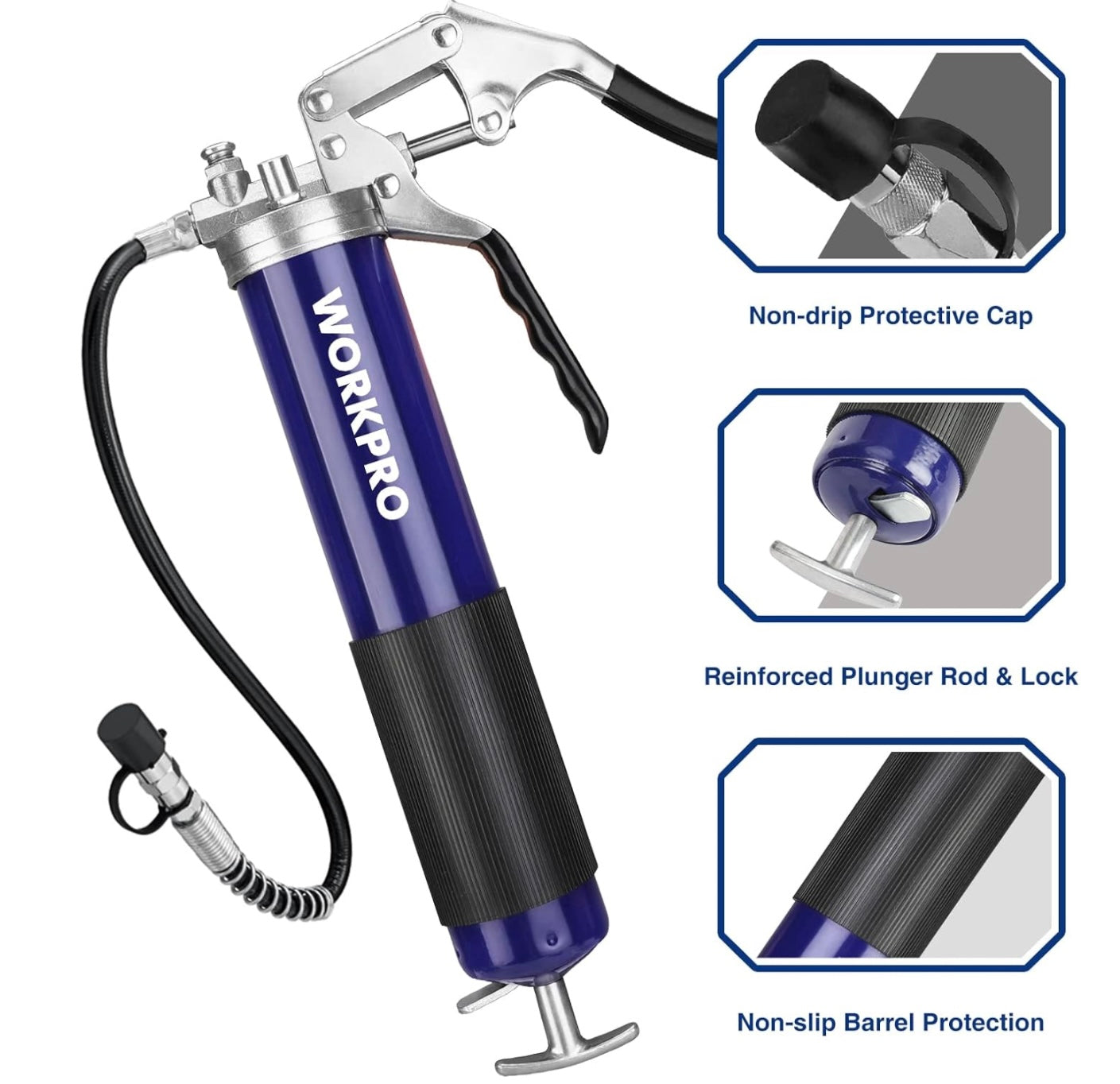 WORKPRO 6000PSI Grease Gun Kit w/ 18inch Flexible Hose, 2 Fixed Tubes & 3 Nozzles, 14oz Load