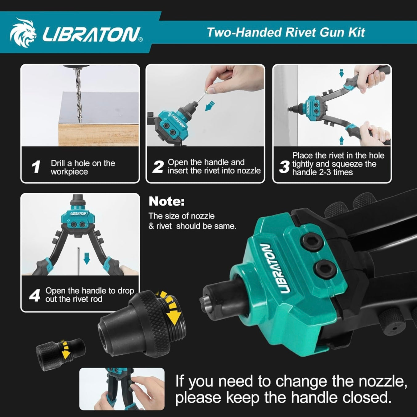 LIBRATON Heavy-Duty Two-Handed Pop Rivet Gun Kit w/ 250 Aluminum Rivets in Box, 5 Tool-Free Interchangeable Nozzles, 5 HSS Drill Bits