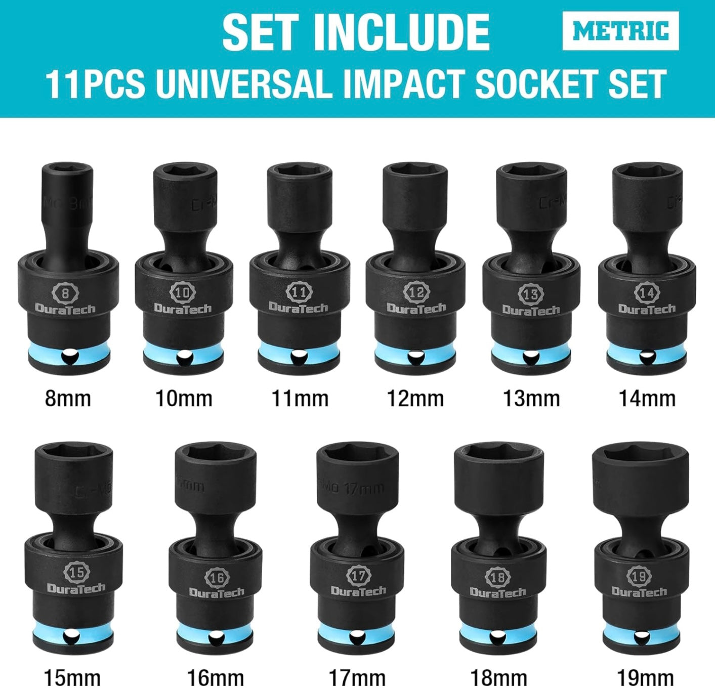 DURATECH 11PC 3/8" Drive Impact Swivel Socket Set, (8-19mm)
