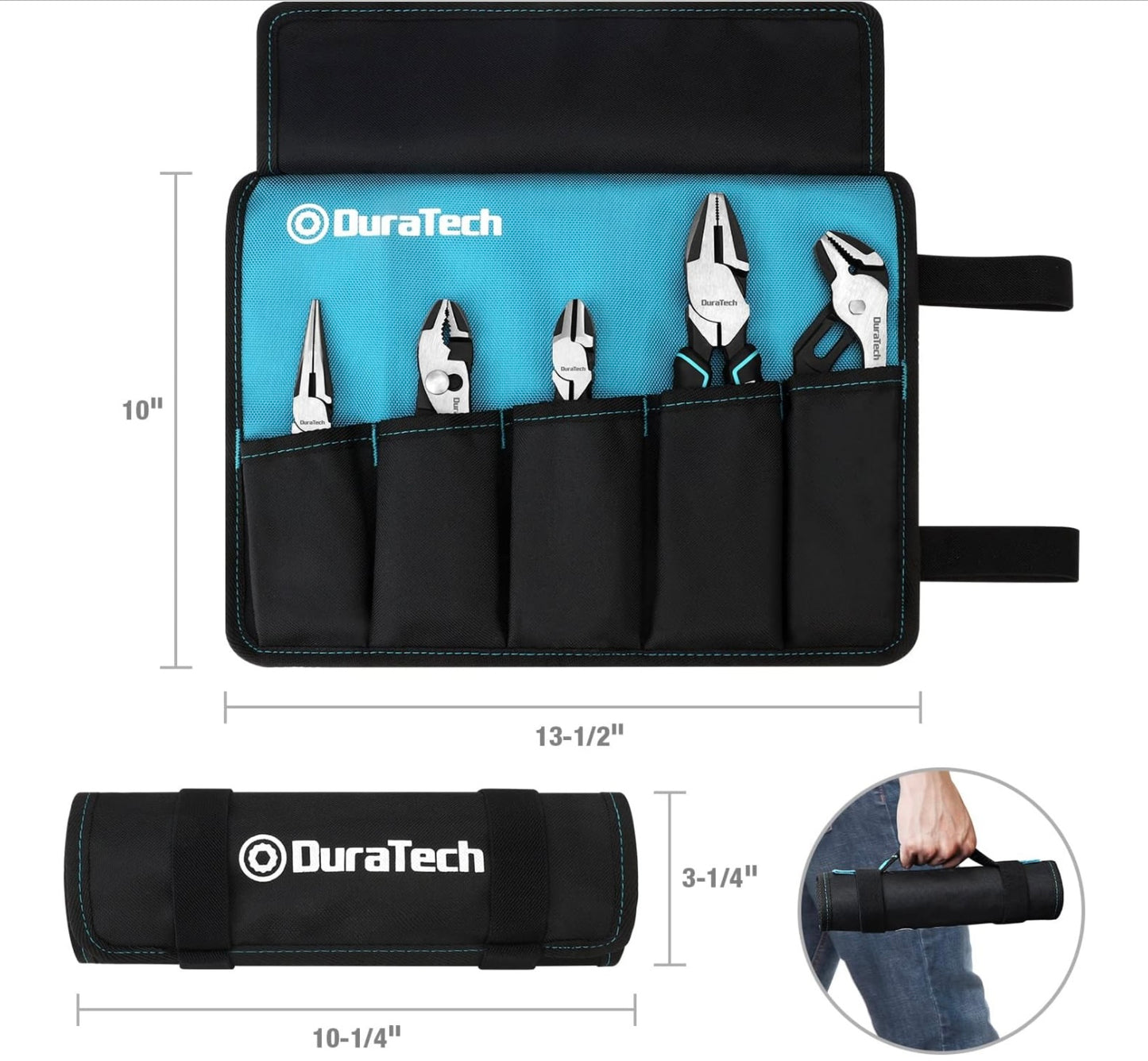 DURATECH 5PC Pliers Set, 6" Long Nose, 6” Slip Joint, 6” Diagonal Cutting, 8" Linesman, 8” Groove Joint Pliers w/ Oxford Rolling Pouch