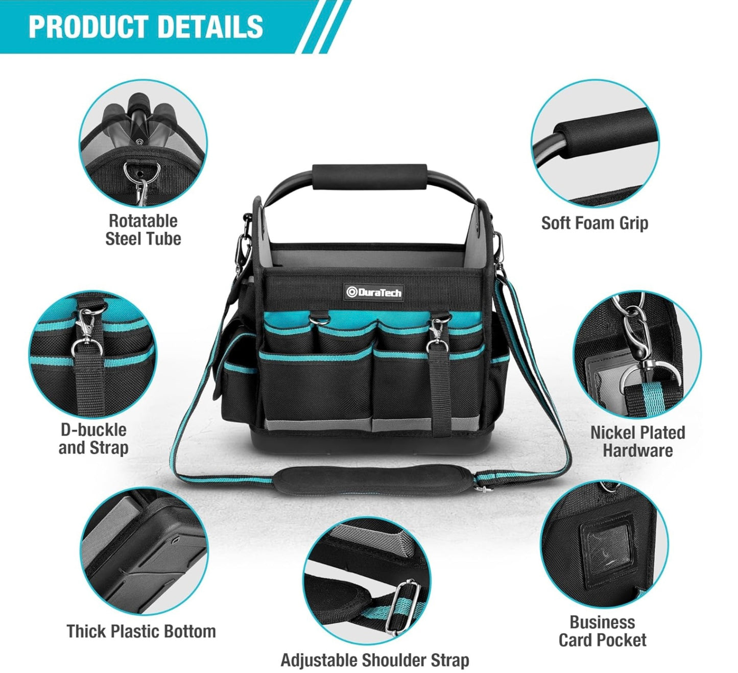 DURATECH 12” Multi-Pocket Open Top Tool Tote w/ Waterproof Hard Bottom, Rotating Handle