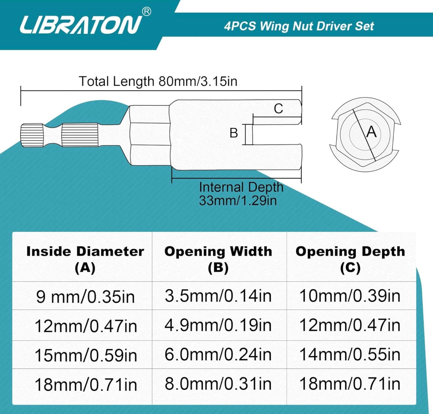 Libraton 4PC Wing Nut Drive Bit w/ EVA Storage (9, 12, 15, 18mm)