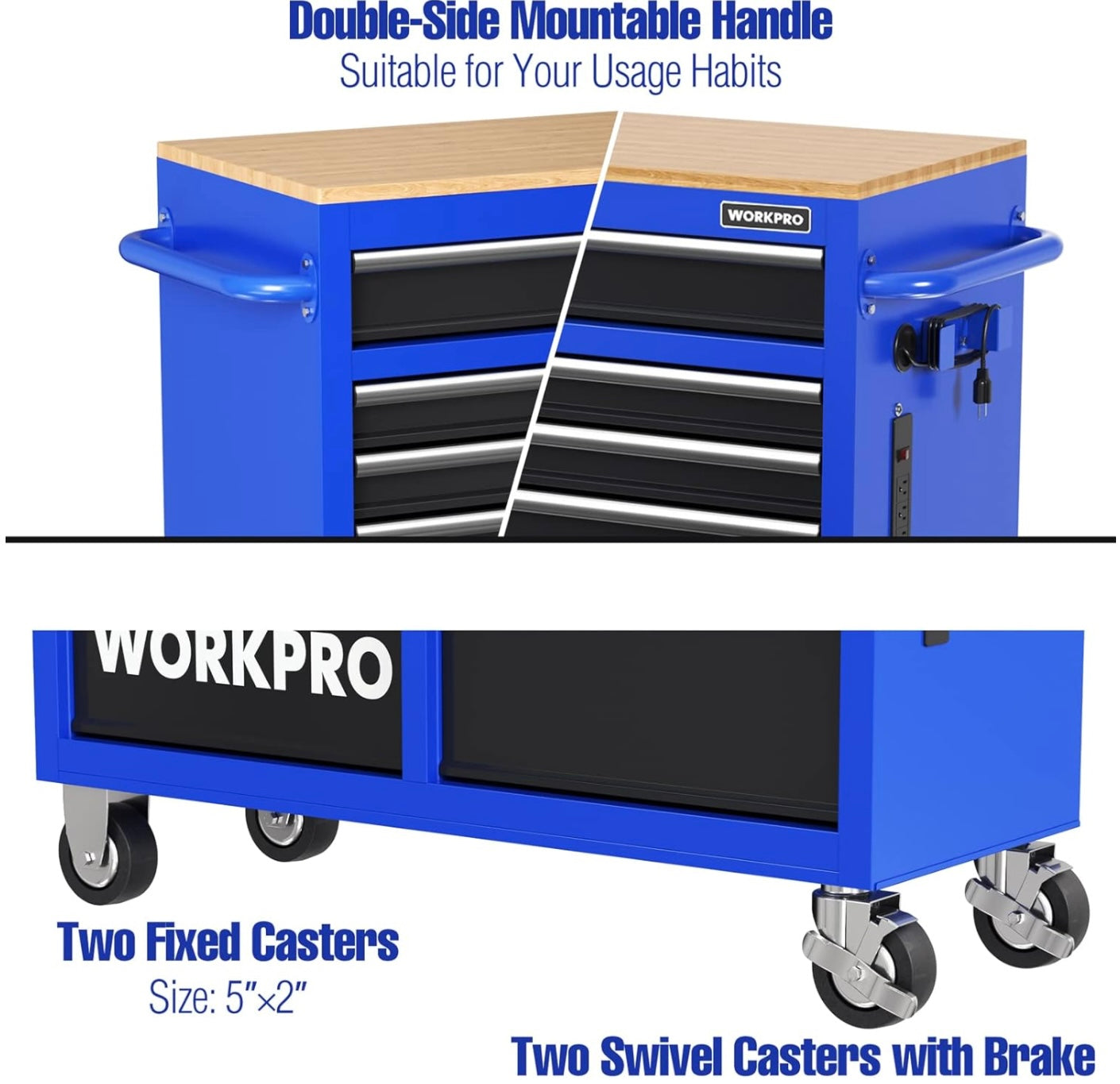 WORKPRO 46” 9-Drawers Rolling Tool Chest w/ Wooden Top, Casters, Handle, Drawer Liner, and Locking System, 1200 lbs Load Capacity