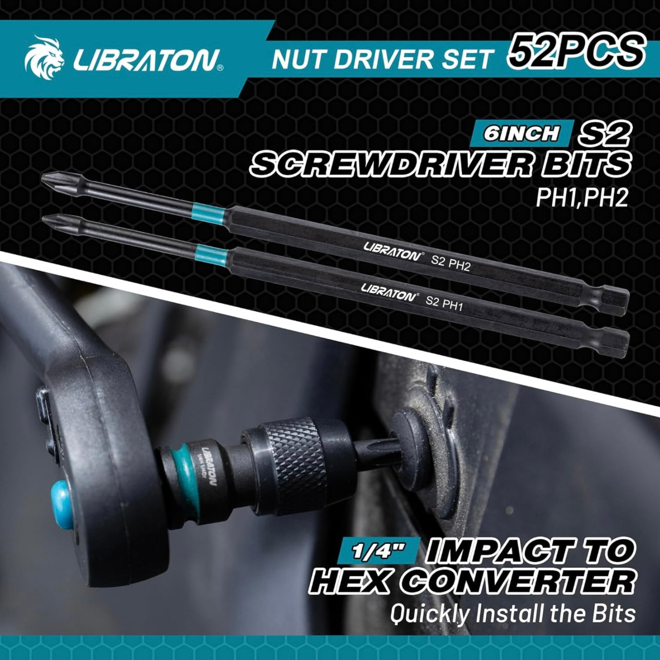 LIBRATON 52PC Magnetic Nut Driver Set - SAE, 1/4" Impact Drill Driver Bit, Nut Drivers for Impact Drill, Hex Converter, Socket Adapters, Screwdriver Bits, Extension, Wing Nut Driver, Storage Box