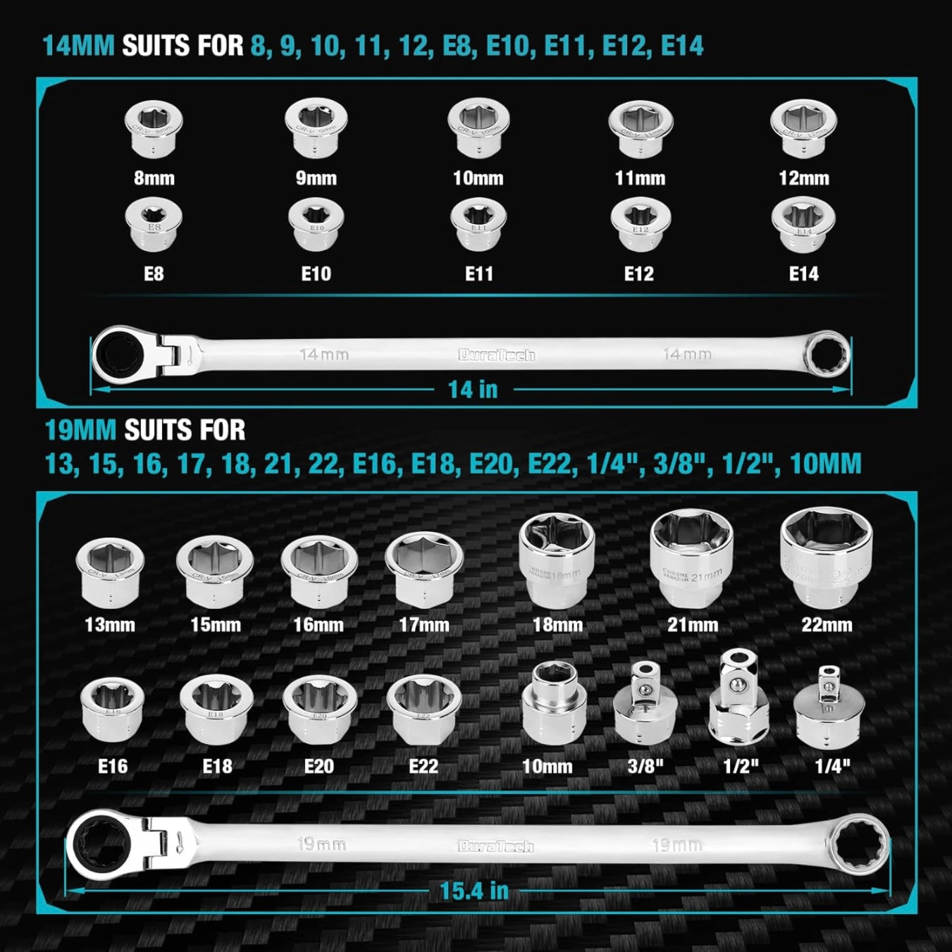 DURATECH 27PC Extra Long Flex Head Double Box End Ratcheting Wrench Set w/ Replacement Heads, Adapers