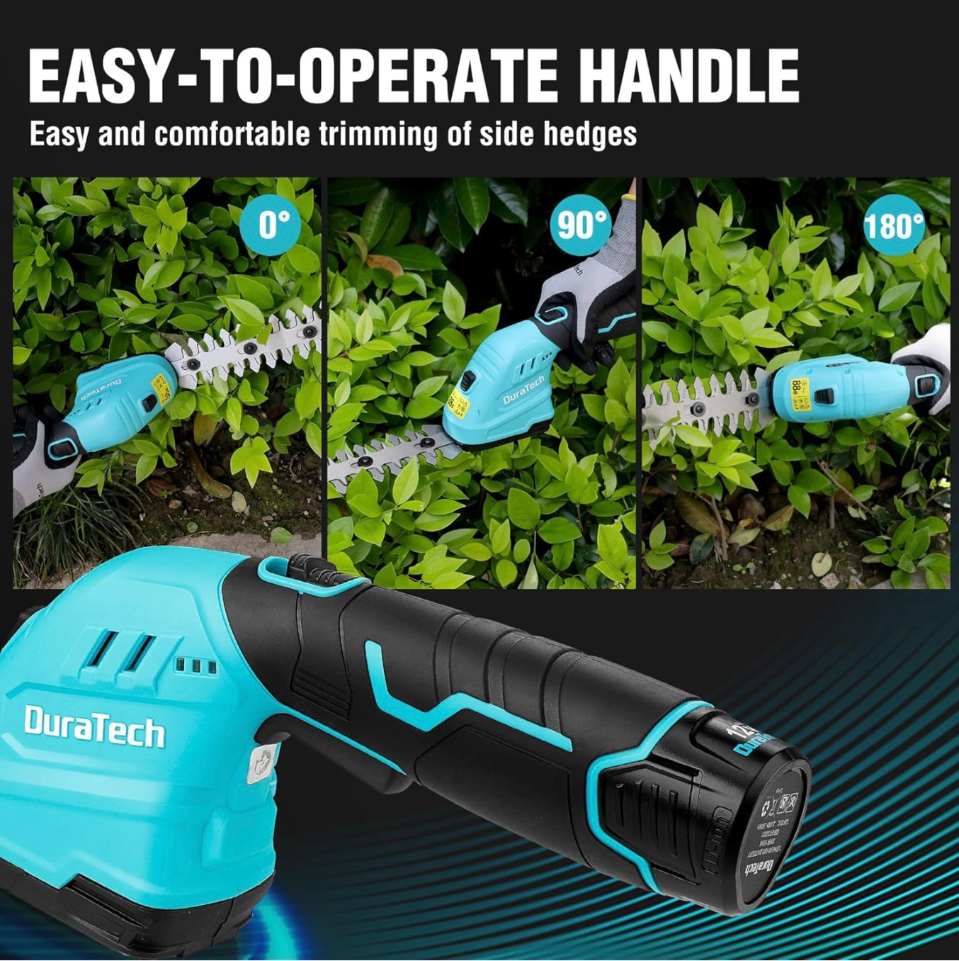 DURATECH 12V 2-in-1 Cordless Hedge Trimmer w/ 2.0Ah Li-Ion Battery, Charger & Storage Bag