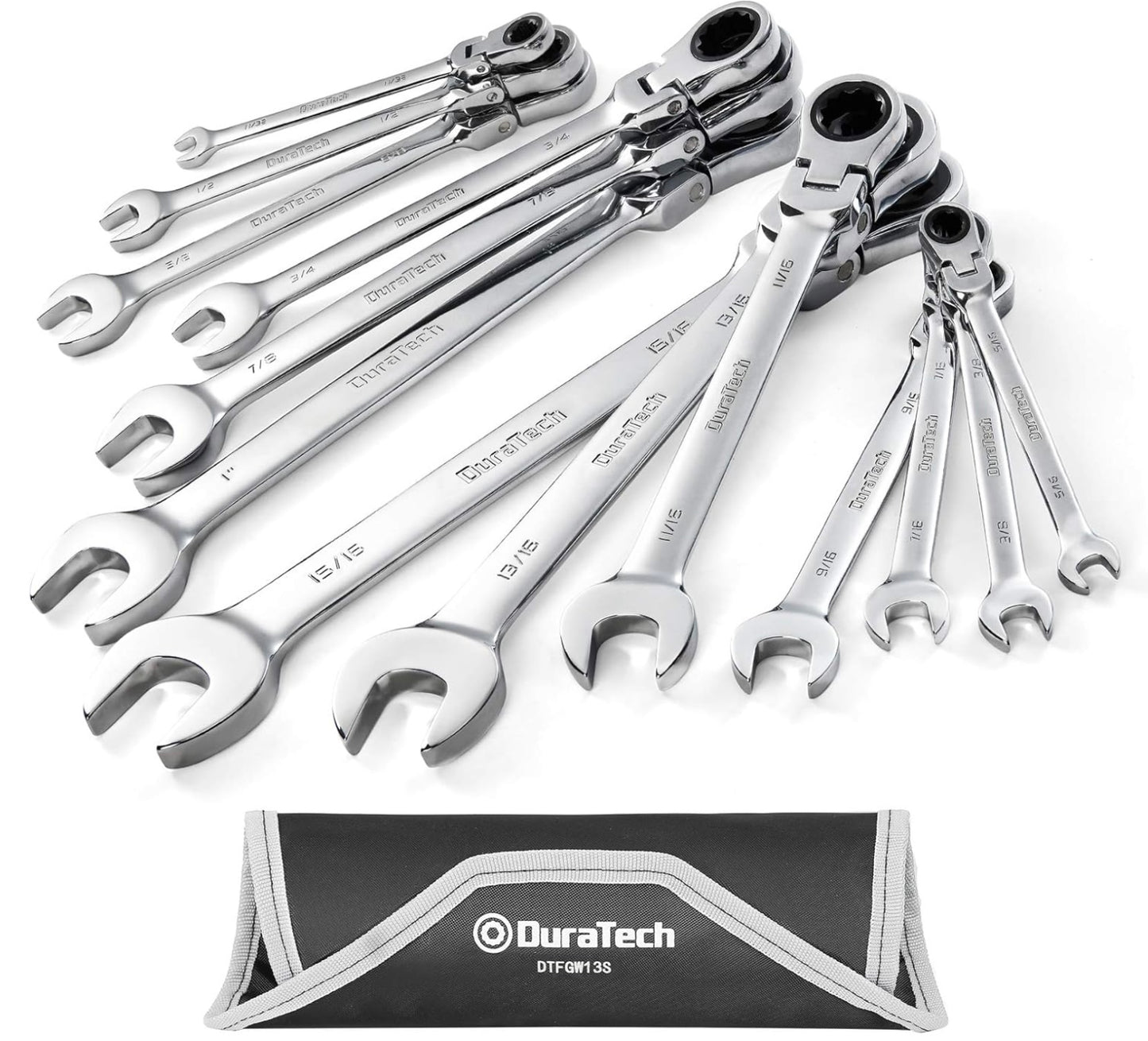 DURATECH 13PC Flex-Head Ratcheting Combination Wrench Set, SAE, 5/16'' to 1'', w/ Rolling Pouch