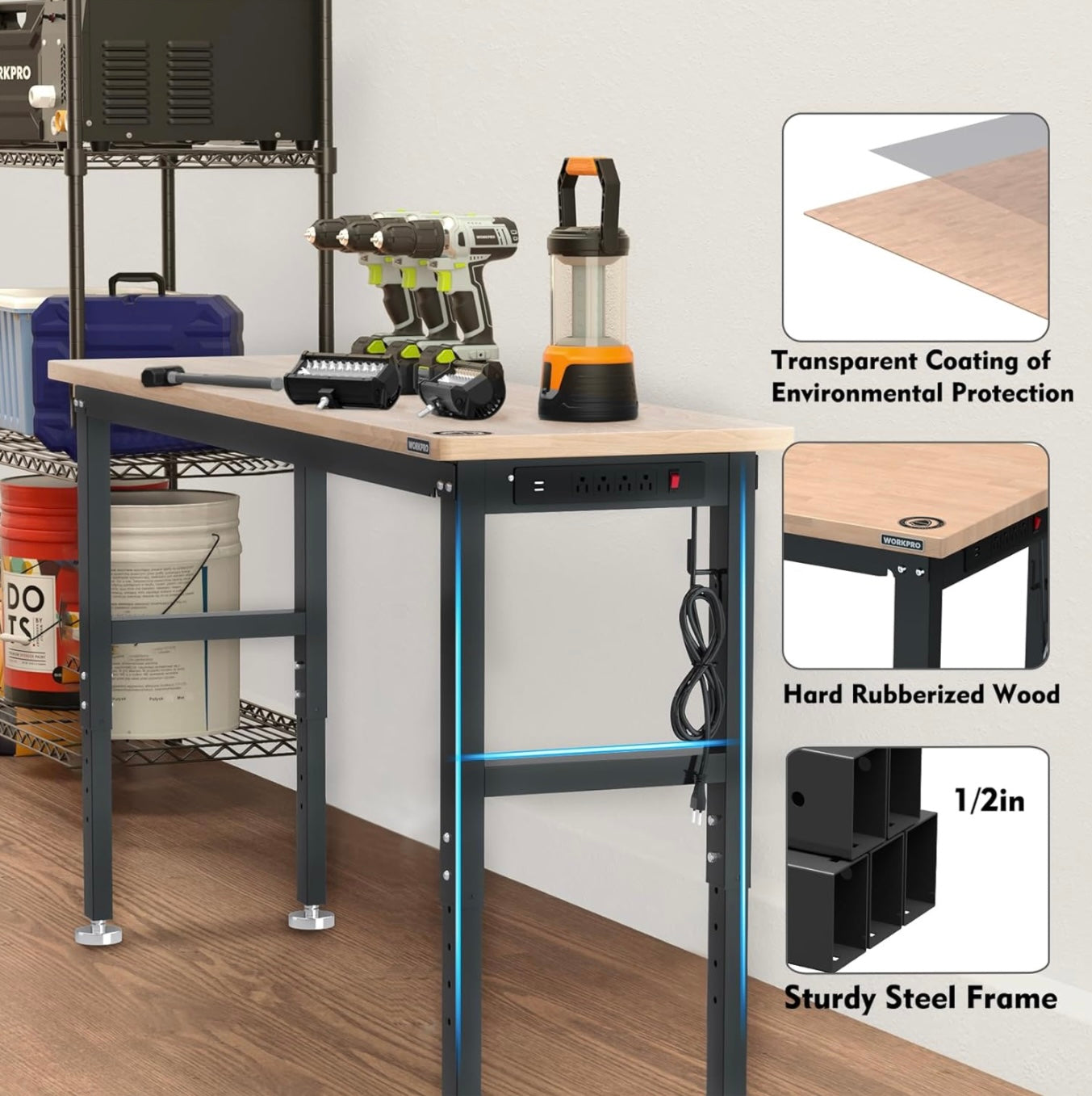 WORKPRO 72" Adjustable Workbench w/ Power Outlets, Rubberwood Top, 300 LBS Load Capacity