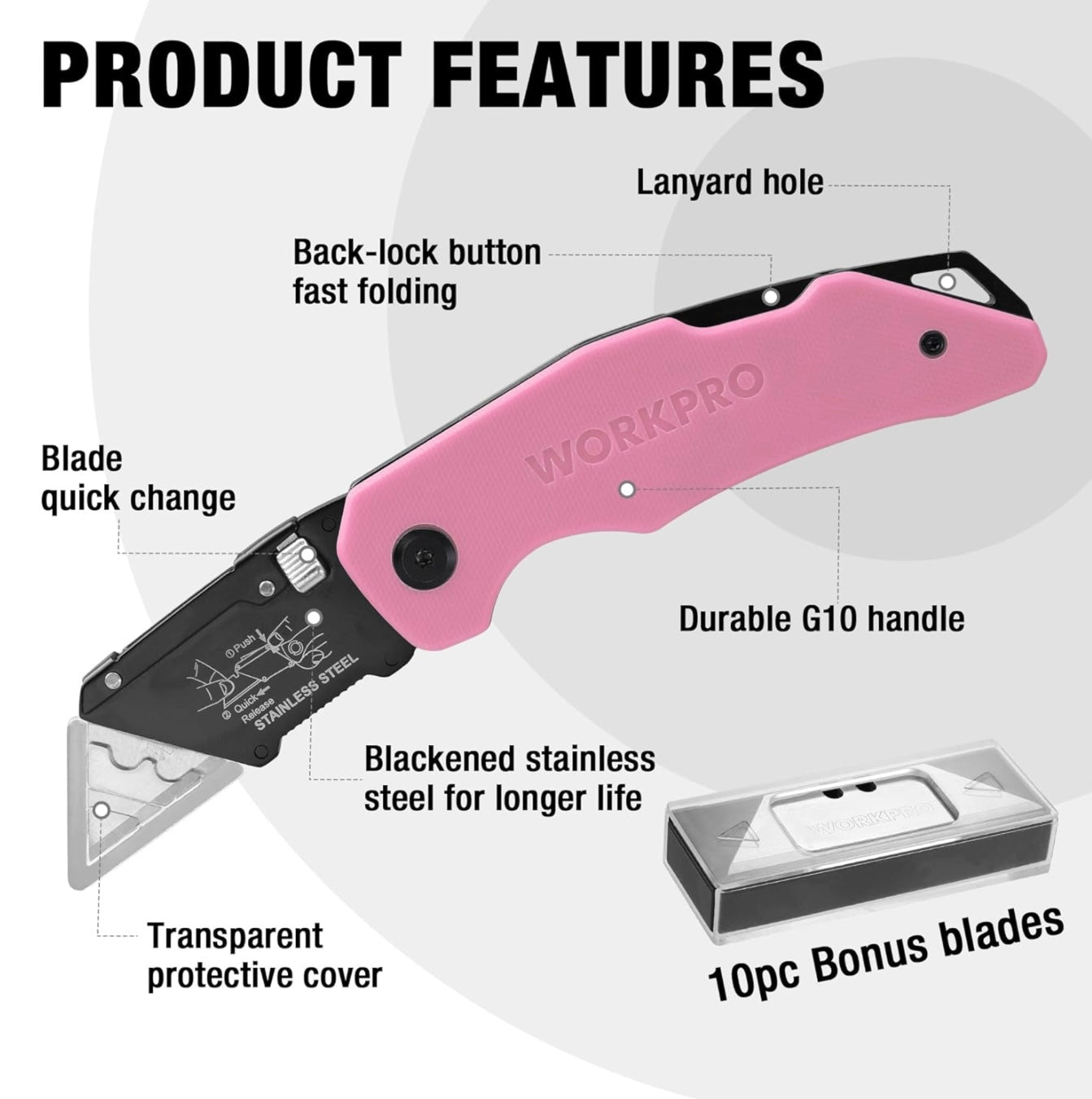 WORKPRO Folding Utility Knife w/ Stainless Steel Head & G10 Handle