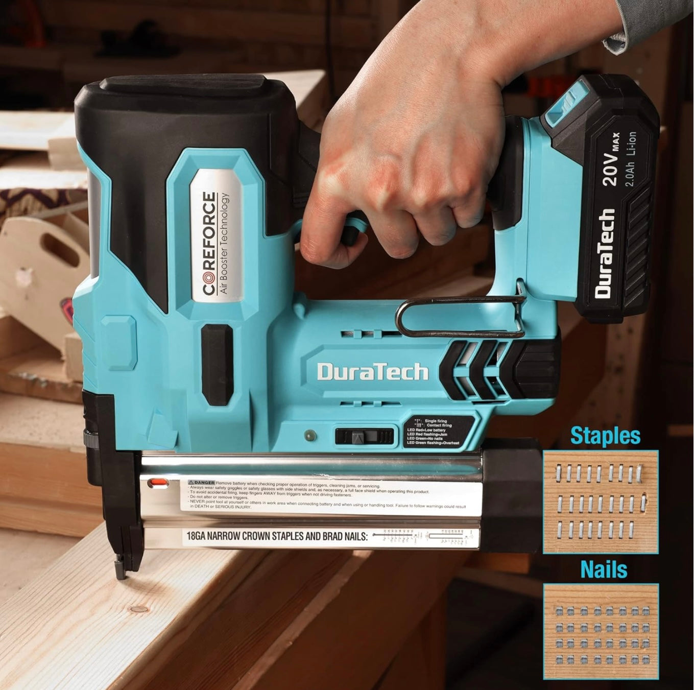DURATECH 20V 2-in-1 Cordless Brad Nailer w/ 2.0Ah Rechargeable Battery, 1H Quick Charger, 1000 Staples, 1000 Nails, Carrying Case