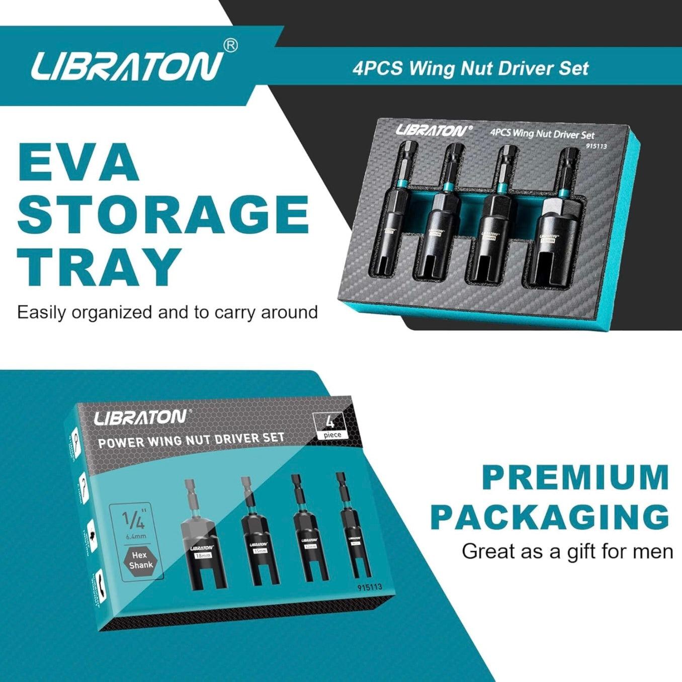Libraton 4PC Wing Nut Drive Bit w/ EVA Storage (9, 12, 15, 18mm)